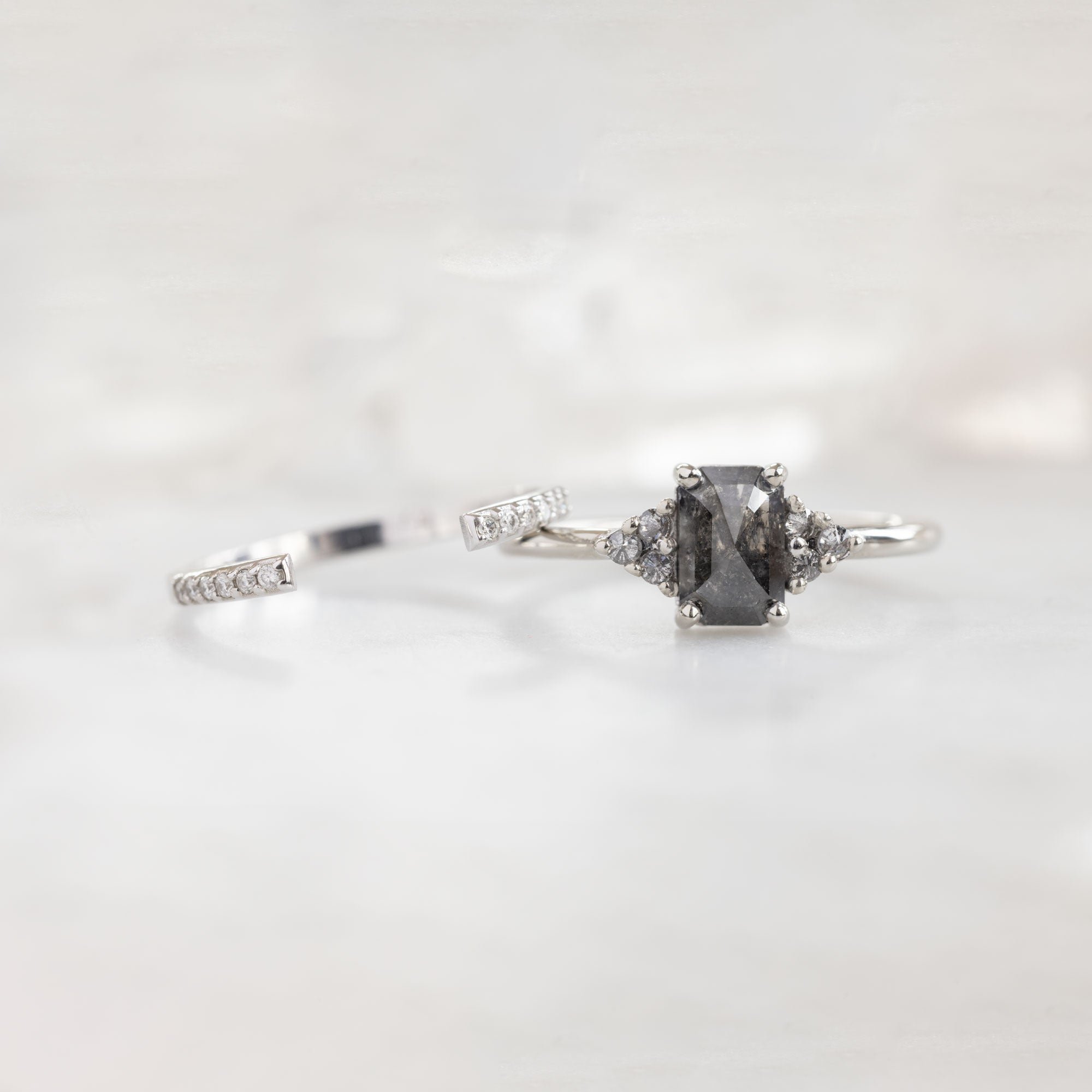 Alexis Russell Engagement Rings The Ivy Ring | 0.95ct Emerald Cut Salt and Pepper Diamond in 14K White Gold