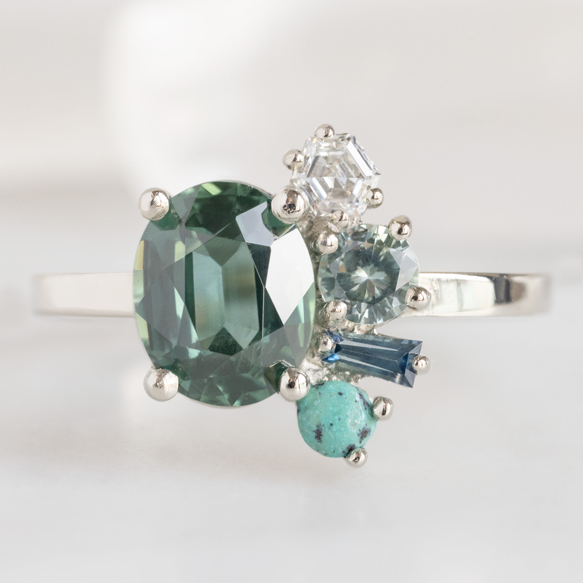 Alexis Russell Engagement Rings The Watercolor Cluster Ring | 1.53ct Oval Green Sapphire in 14K White Gold