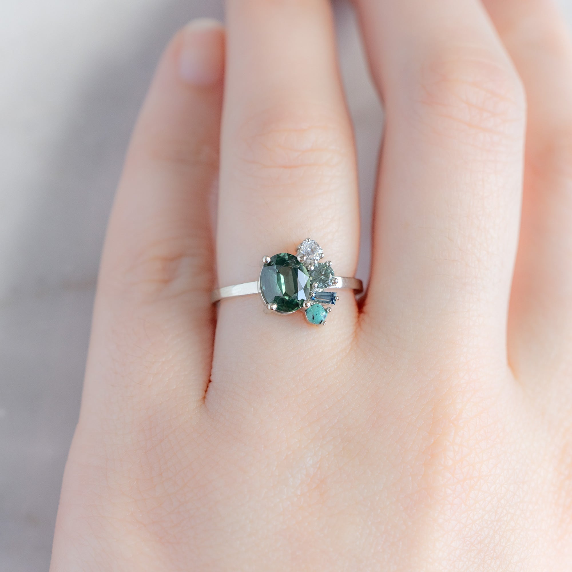 Alexis Russell Engagement Rings The Watercolor Cluster Ring | 1.53ct Oval Green Sapphire in 14K White Gold