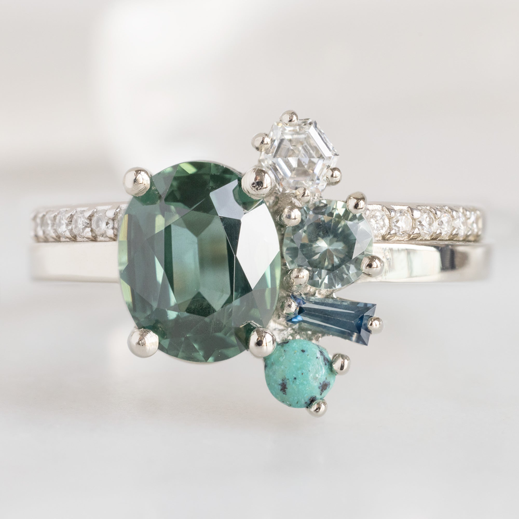 buy:the-watercolor-cluster-ring-1-53ct-oval-cut-green-sapphire-in-14k-white-gold,open-cuff-white-diamond-pave-stacking-band-14k-or-18k-yellow-gold