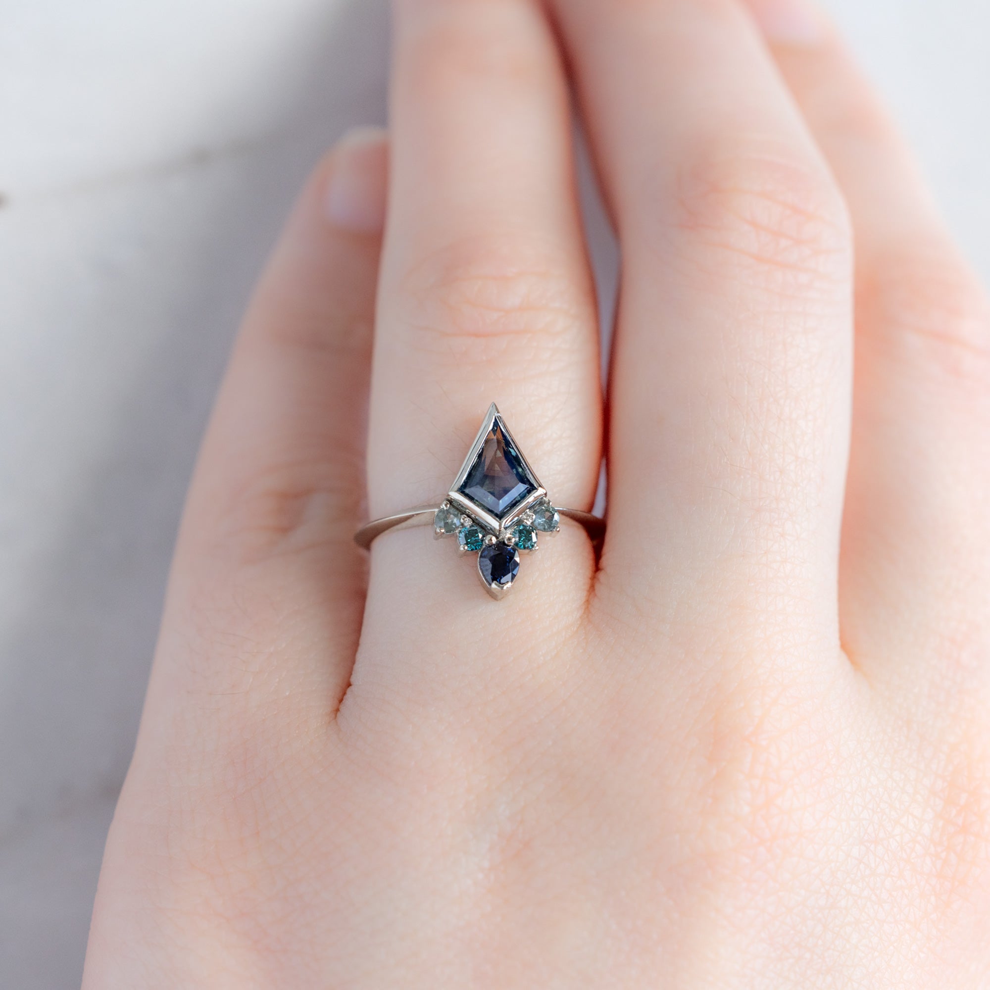 Alexis Russell Engagement Rings The Watercolor Aster Ring | 1.17ct Kite Shaped Parti Sapphire in 14K White Gold