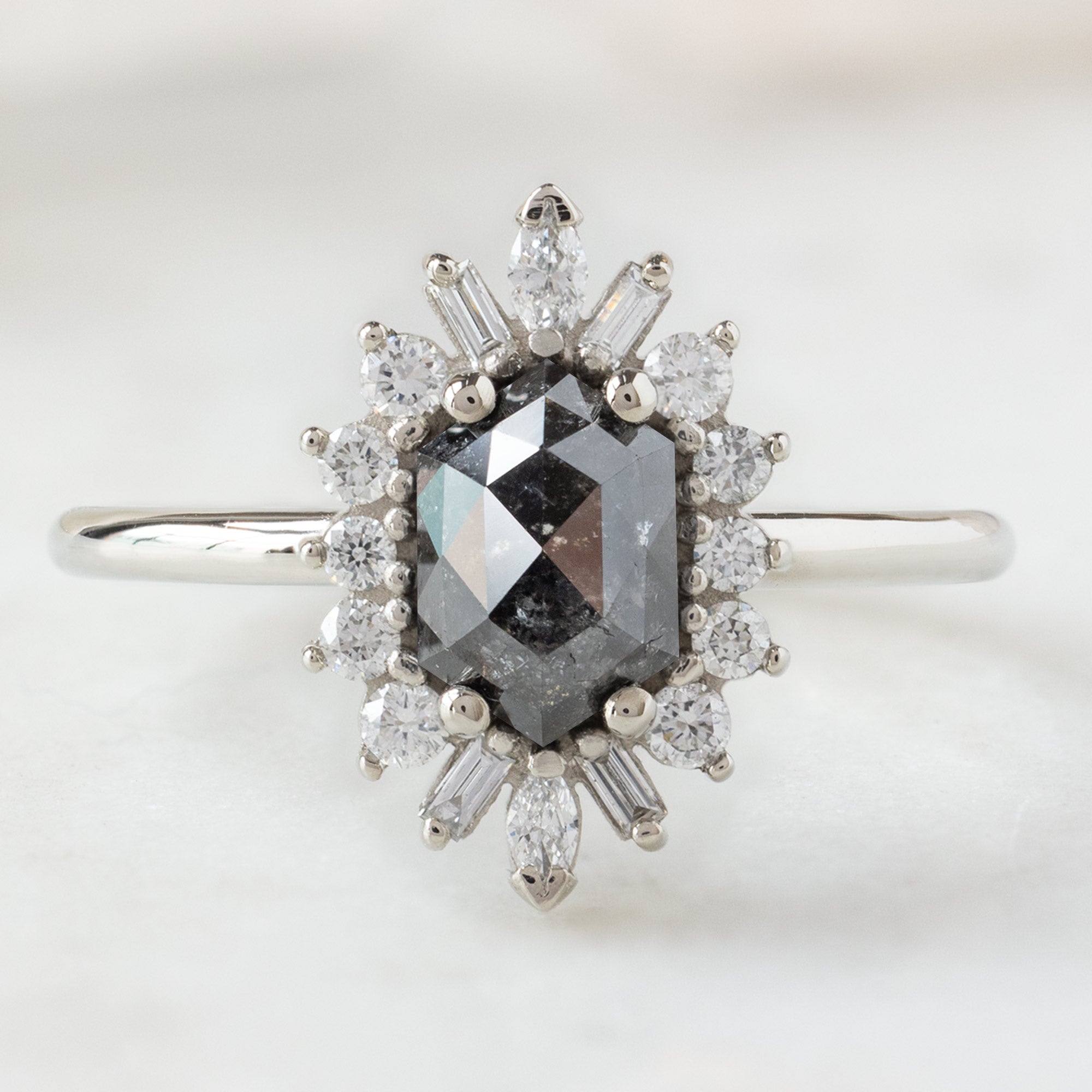 Alexis Russell Engagement Rings The Camellia Ring | 1.25ct Hexagon Black Diamond in 14K White Gold