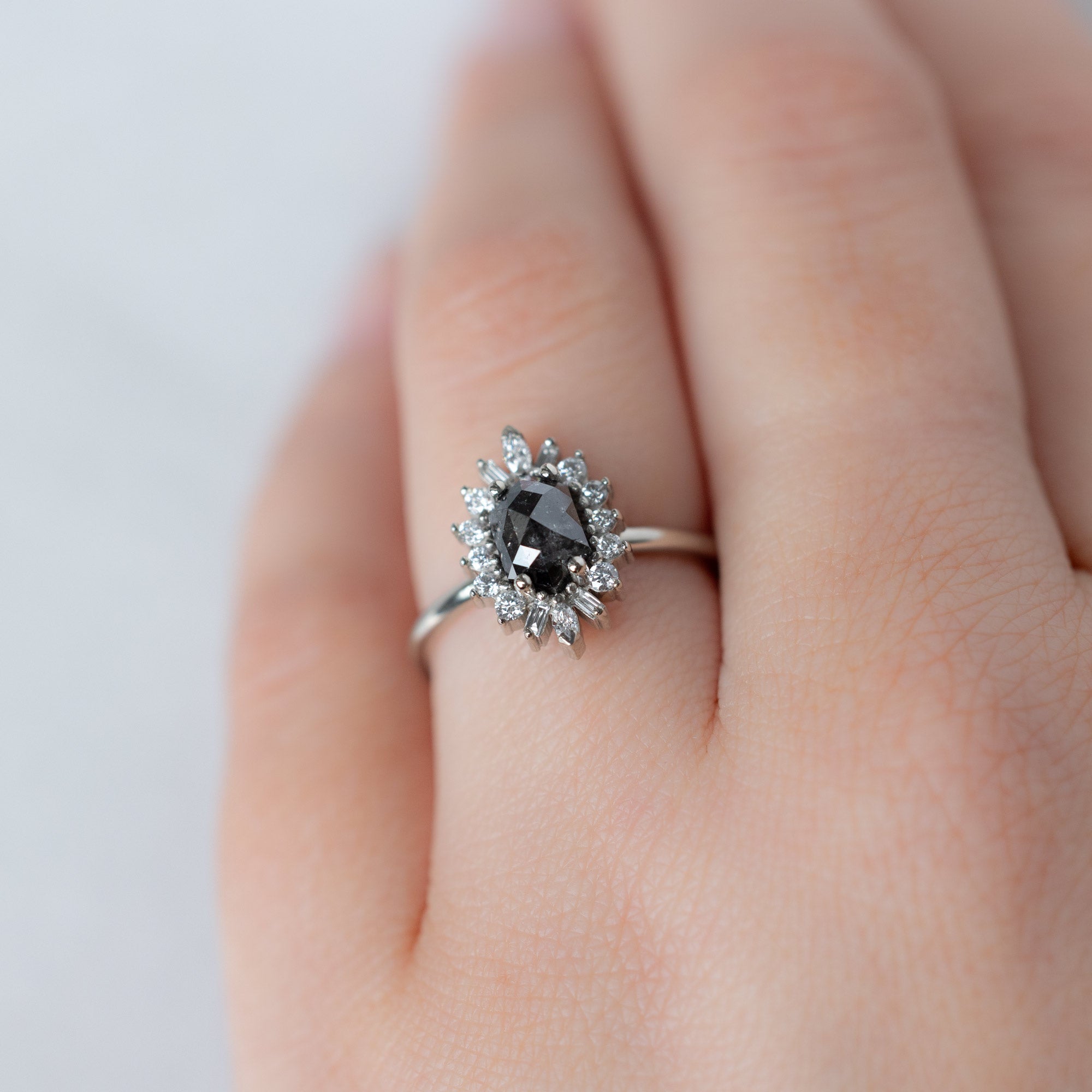 Alexis Russell Engagement Rings The Camellia Ring | 1.25ct Hexagon Black Diamond in 14K White Gold