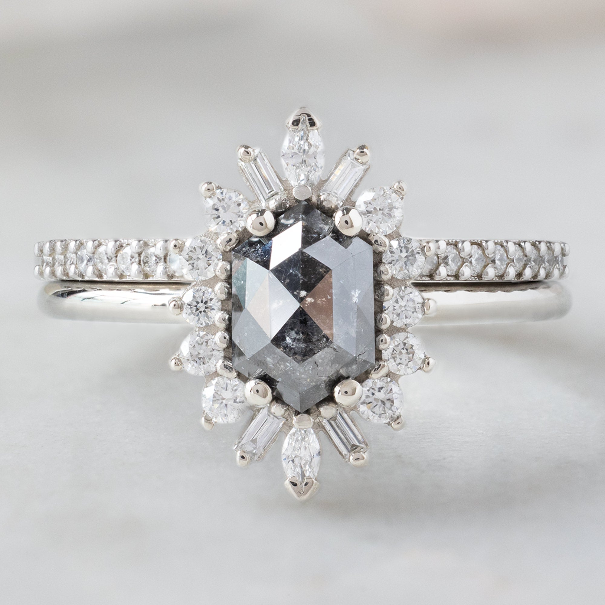Alexis Russell Engagement Rings The Camellia Ring | 1.25ct Hexagon Black Diamond in 14K White Gold