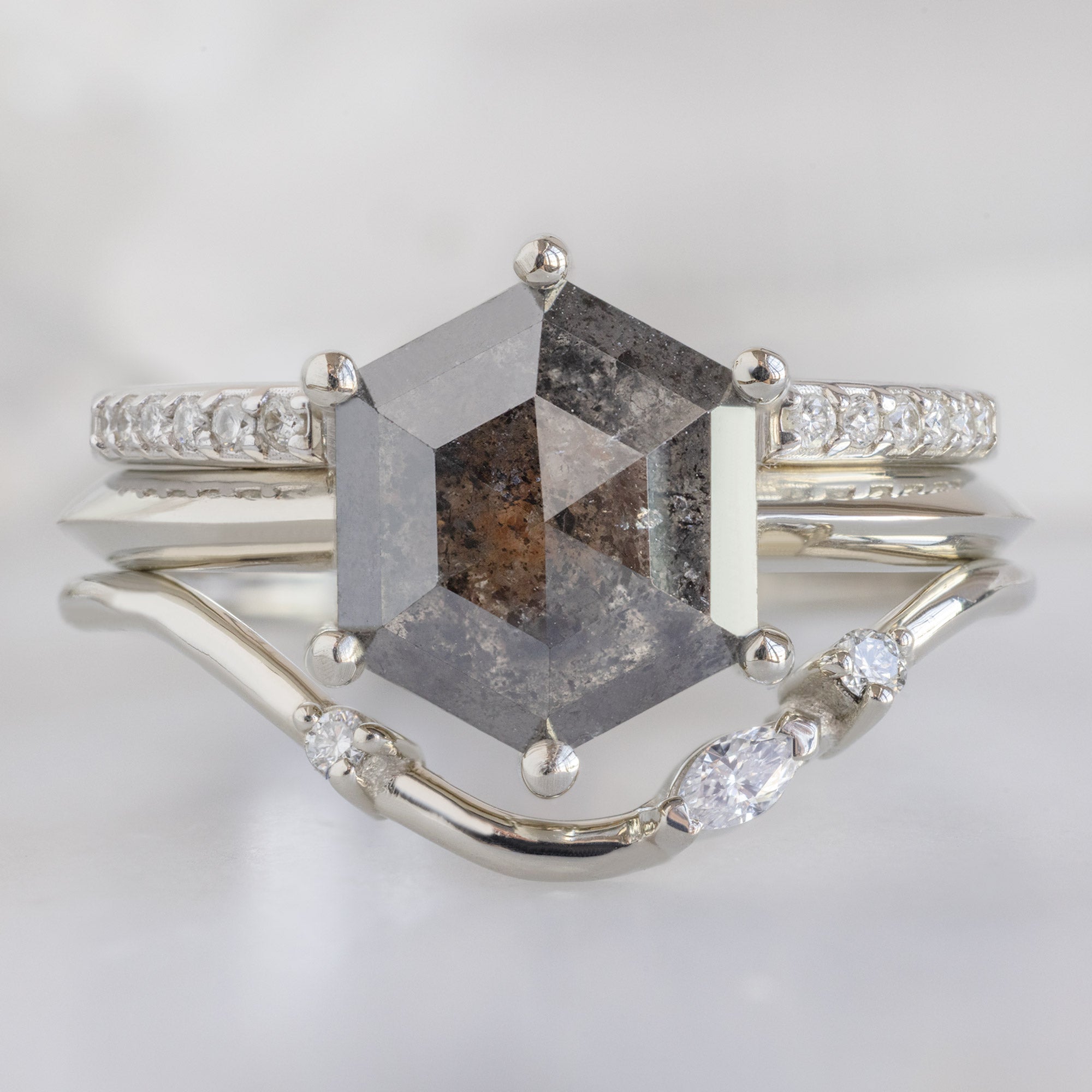 buy:open-cuff-white-diamond-pave-stacking-band-14k-or-18k-yellow-gold,the-bryn-ring-2-33ct-black-hexagon-diamond-in-14k-white-gold,asymmetrical-baguette-diamond-arc-stacking-band-in-14k-yellow-gold