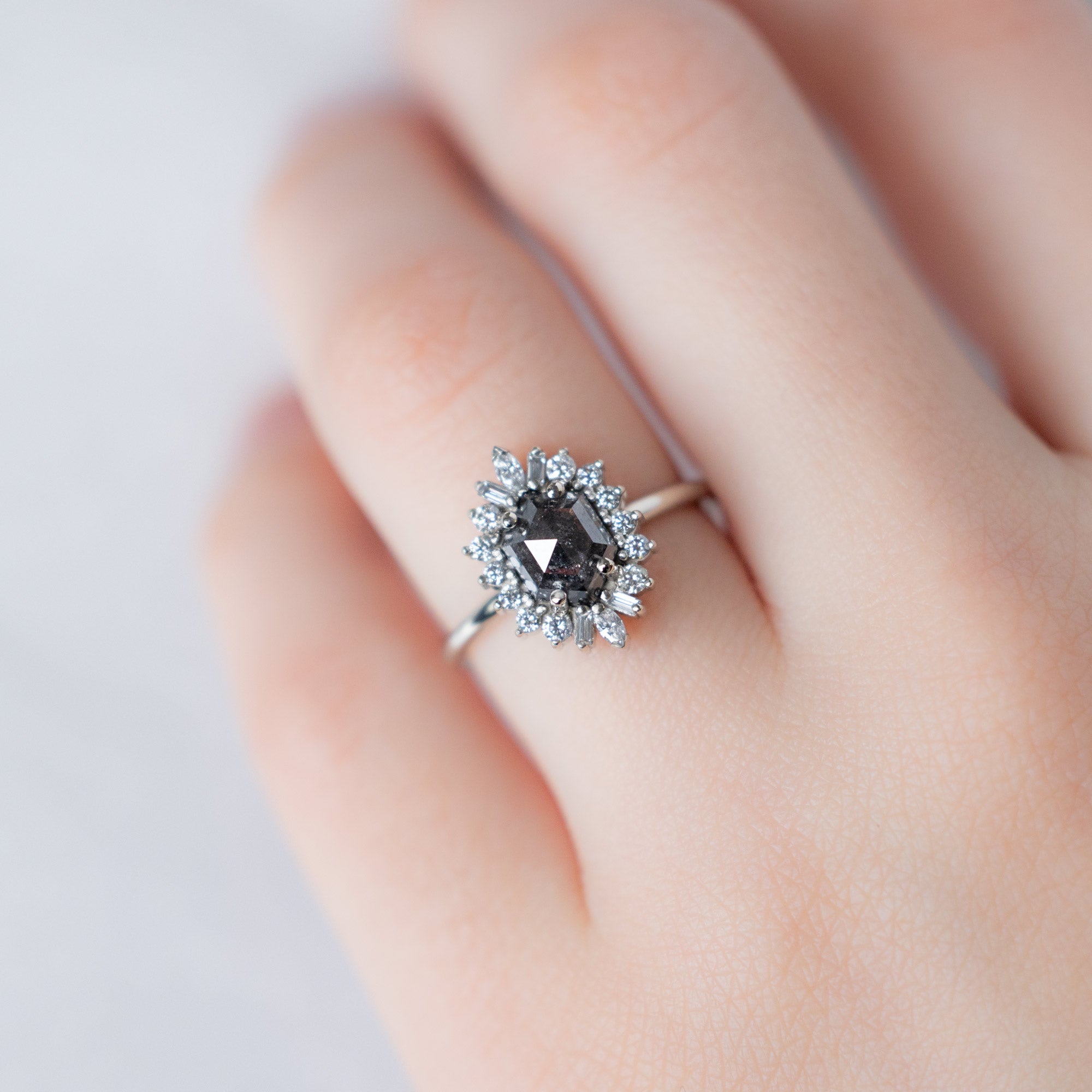 Alexis Russell  Engagement Rings The Camellia Ring | 1.20ct Hexagon Black Diamond in 14K White Gold