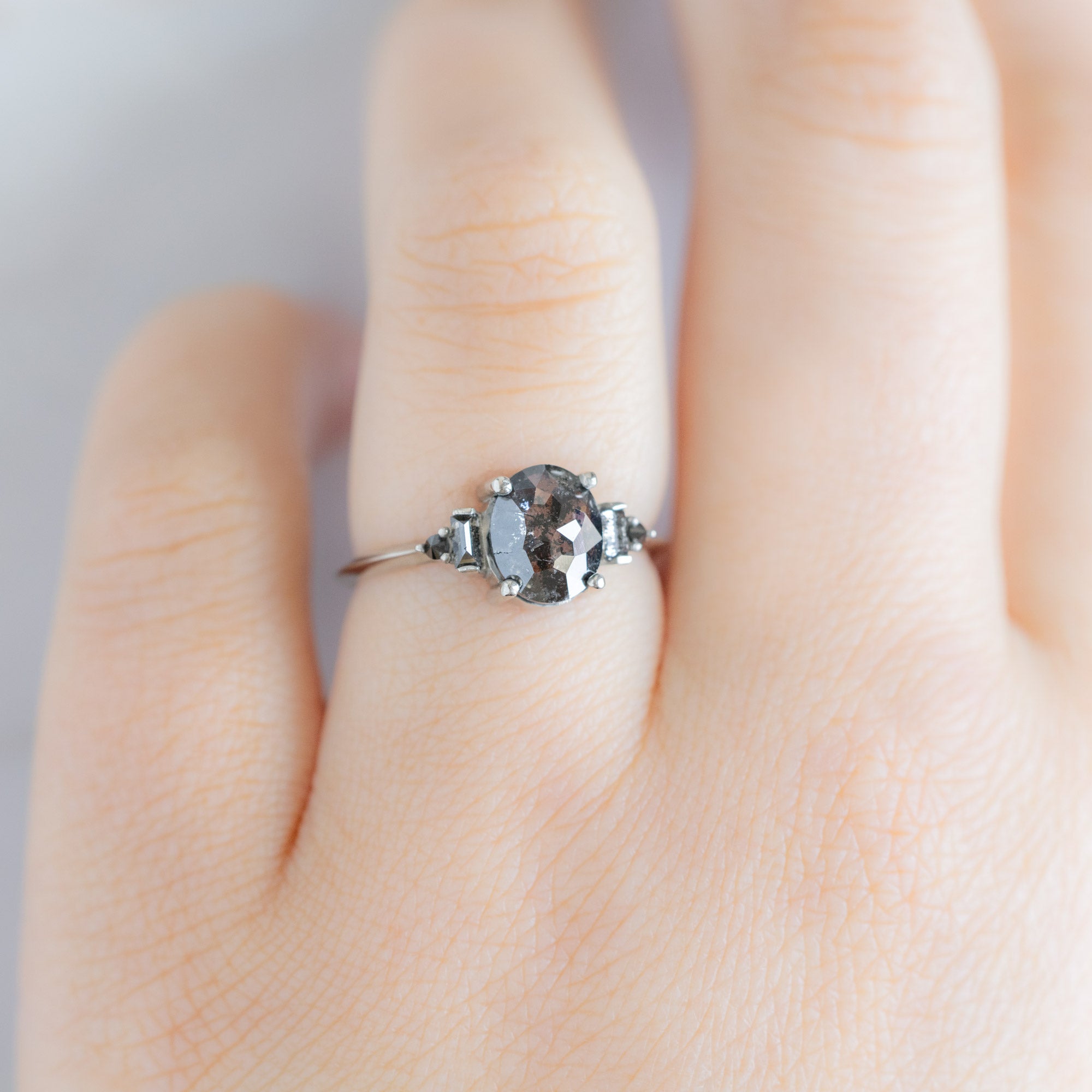 Alexis Russell  Engagement Rings The Primrose Ring | 1.32ct Oval Salt and Pepper Diamond in 14K White Gold