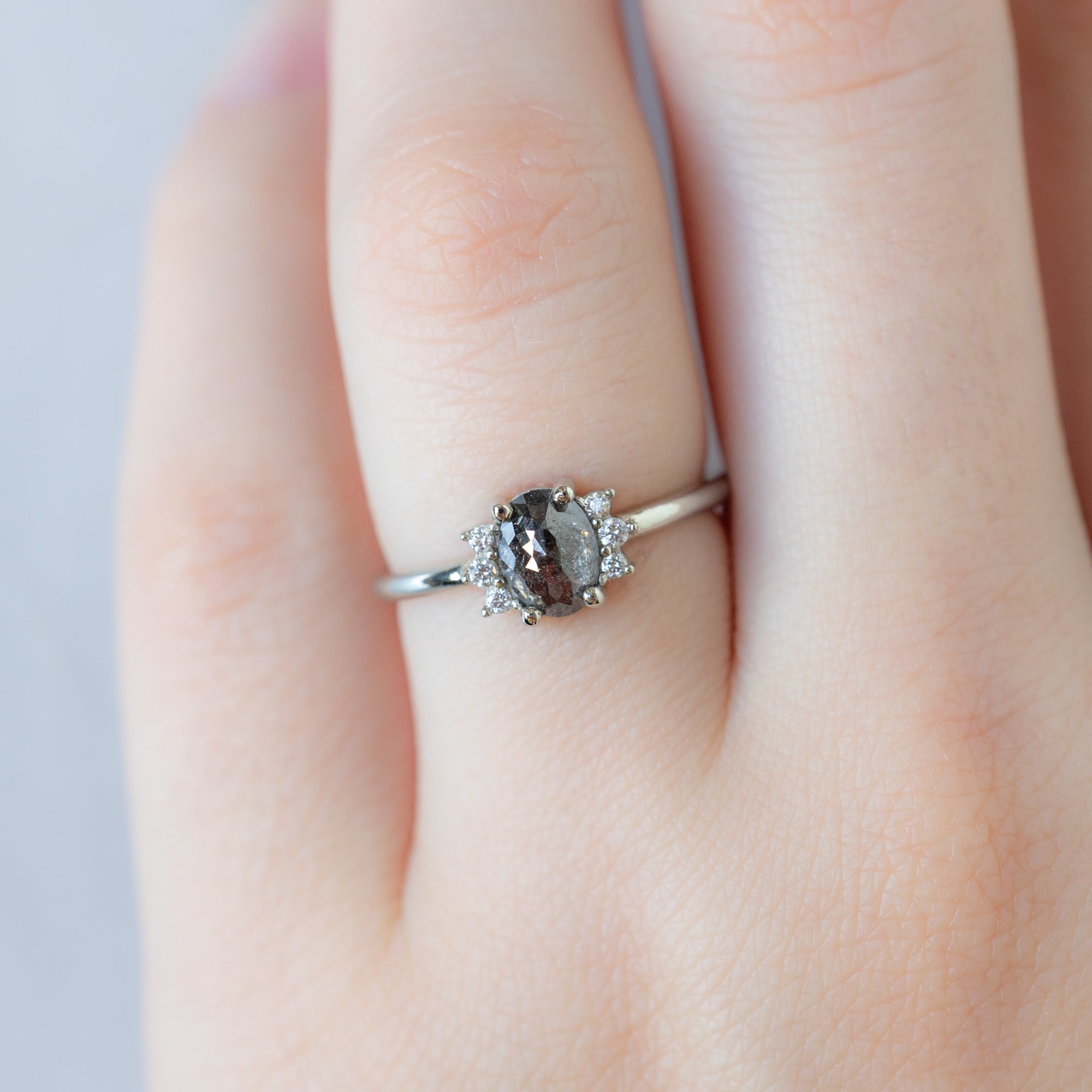 Alexis Russell  Engagement Rings The Sunflower Ring | .76ct Oval Salt and Pepper Diamond in 14K White Gold