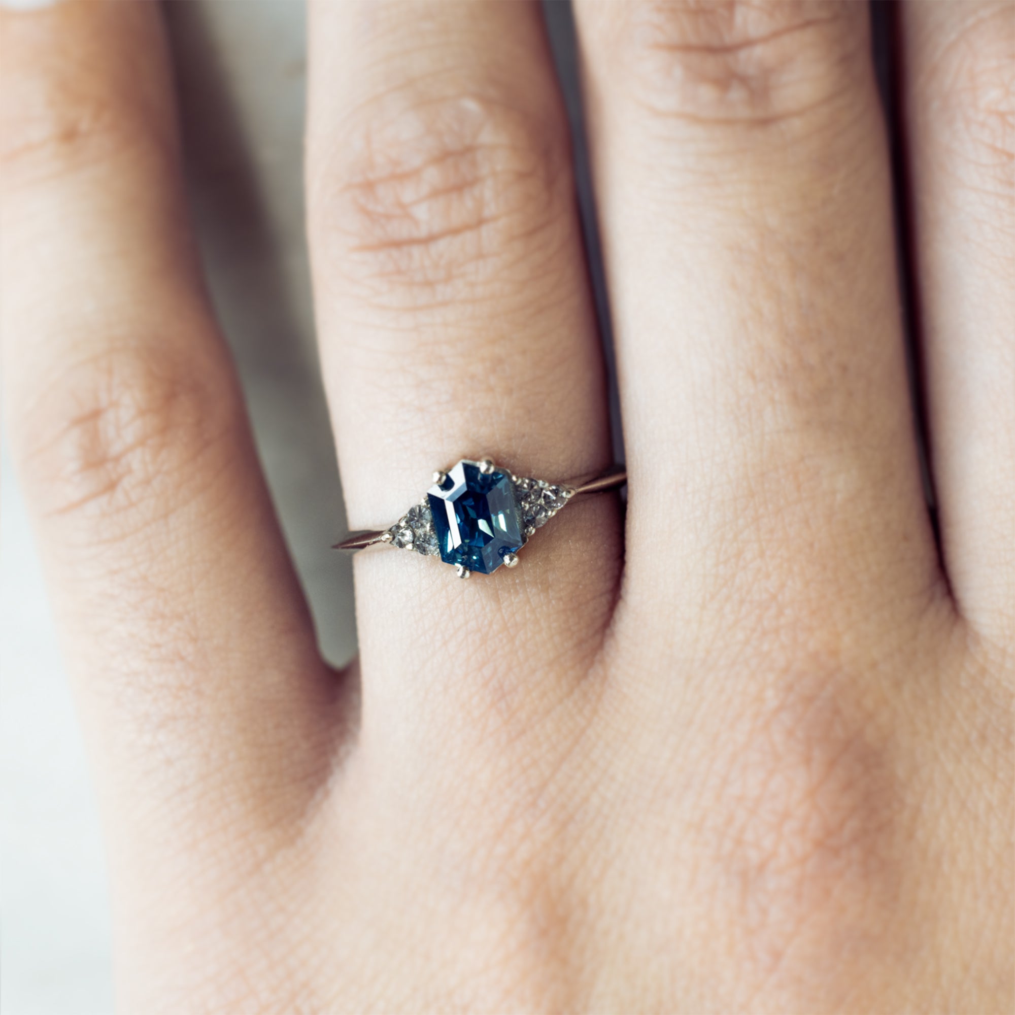 Alexis Russell  Engagement Rings The Ivy Ring | with a 1.08ct Hexagon Blue Sapphire in 14K White Gold