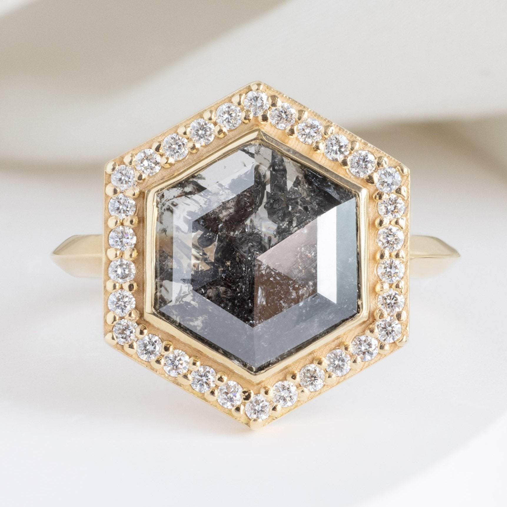 Alexis Russell Engagement Rings The Dahlia Luxe | 2.68ct Salt and Pepper Hexagon Diamond in 18K Yellow Gold