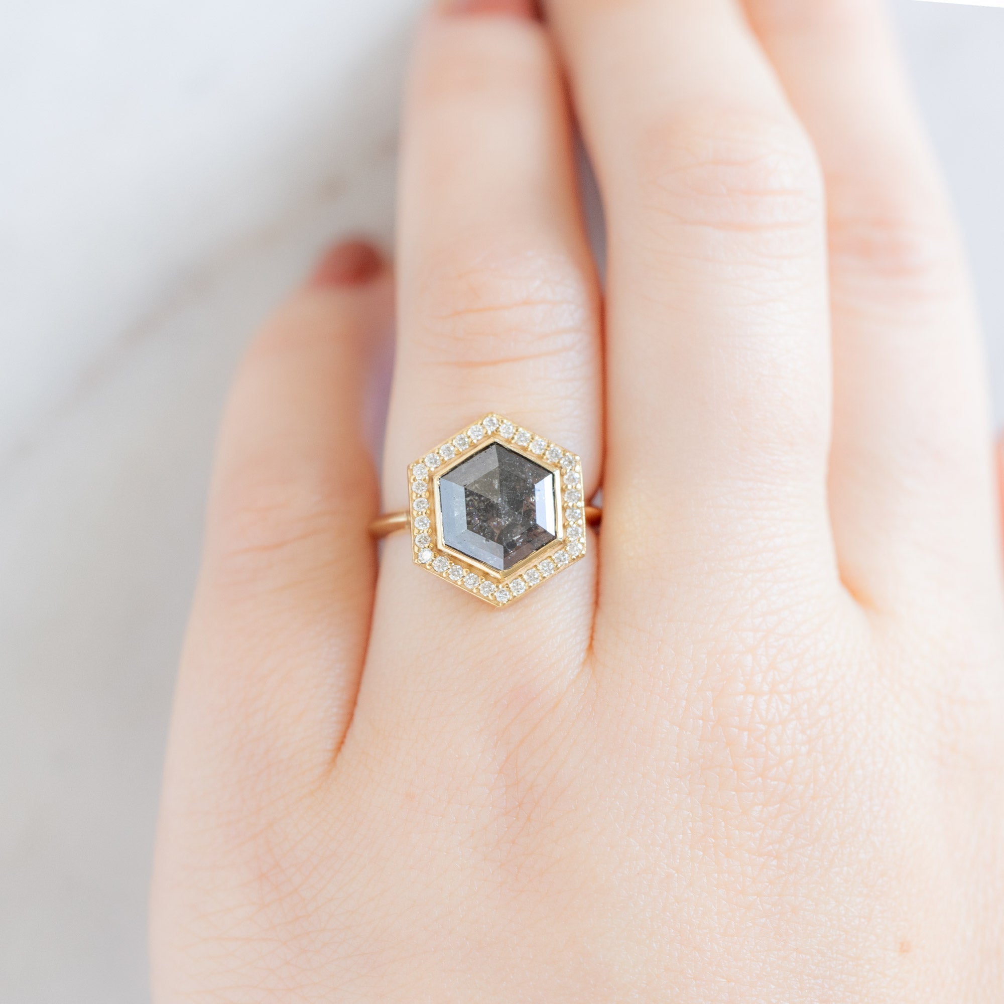 Alexis Russell Engagement Rings The Dahlia Luxe | 2.68ct Salt and Pepper Hexagon Diamond in 18K Yellow Gold