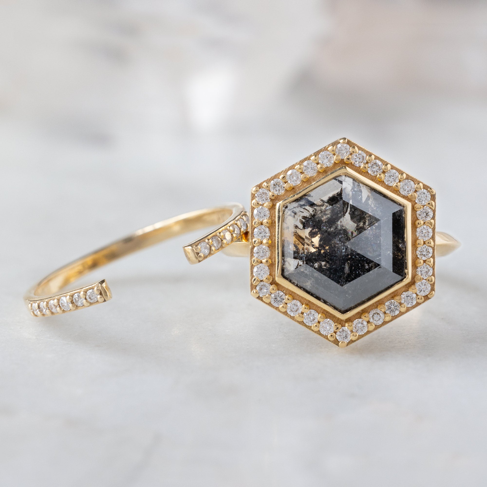 Alexis Russell Engagement Rings The Dahlia Luxe | 2.68ct Salt and Pepper Hexagon Diamond in 18K Yellow Gold