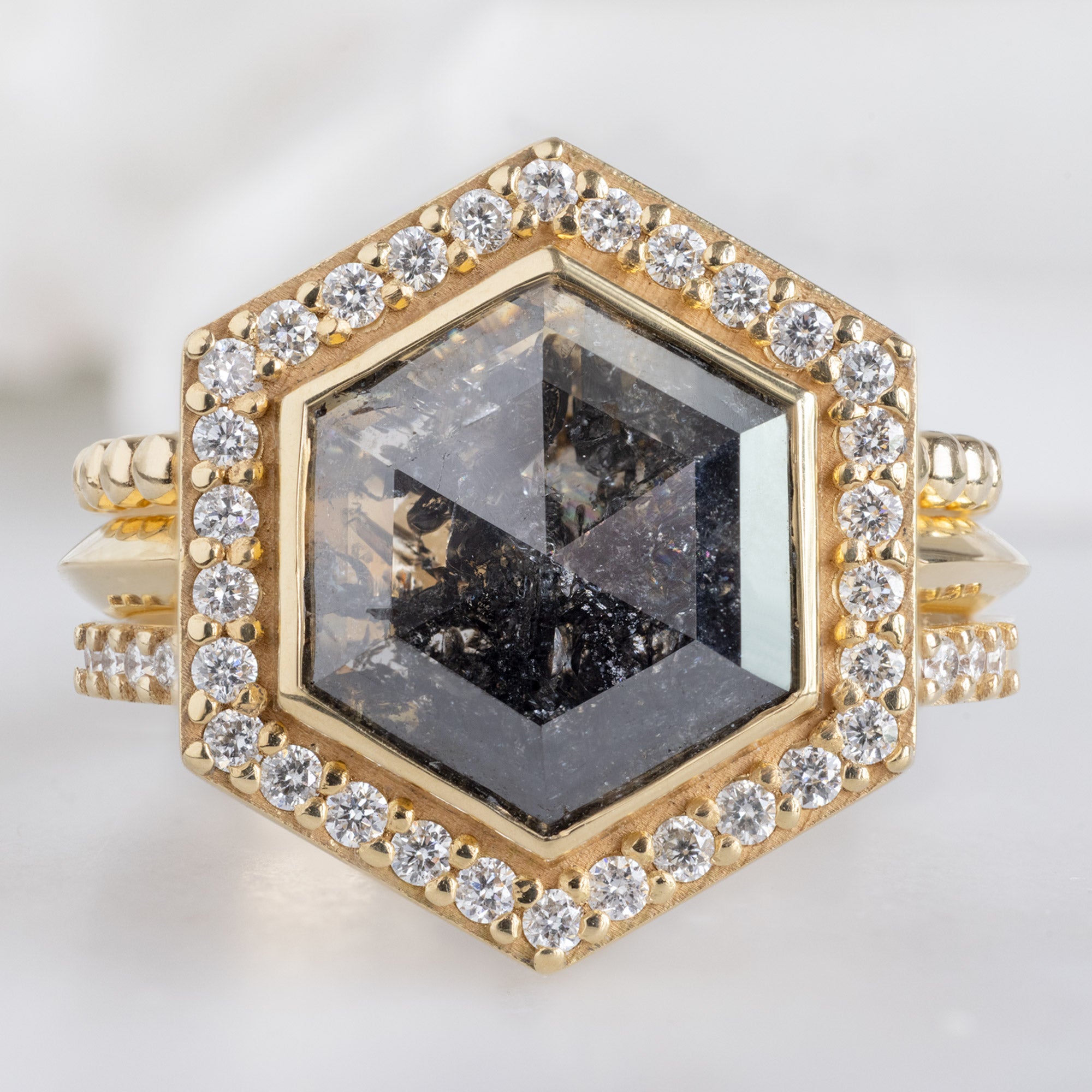 Alexis Russell Engagement Rings The Dahlia Luxe | 2.68ct Salt and Pepper Hexagon Diamond in 18K Yellow Gold