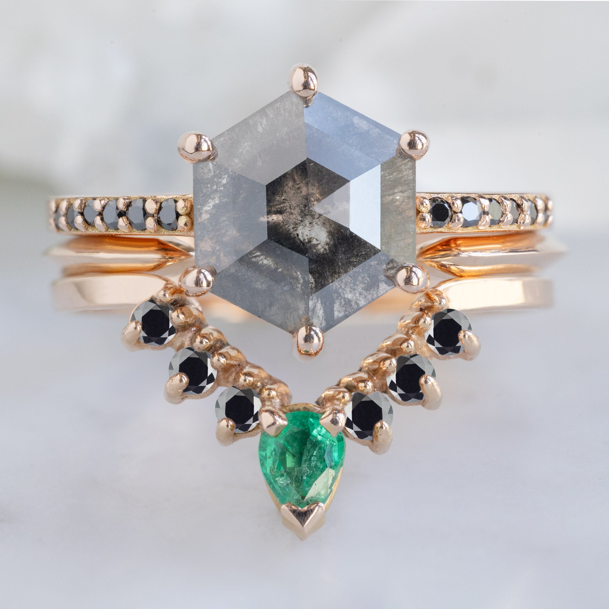 Alexis Russell  Wedding Bands Emerald + Diamond Sunburst Stacking Band | Yellow, Rose or White Gold