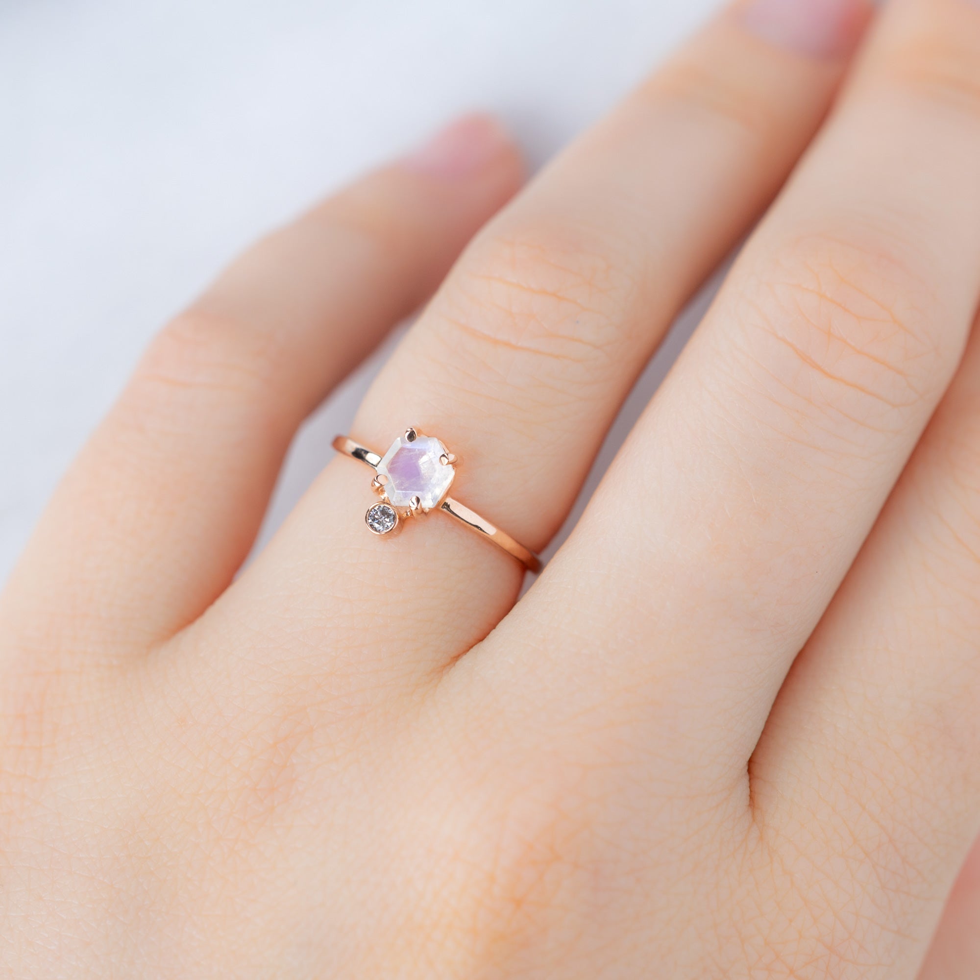 Alexis Russell Rings The Hexagon Moonstone + Diamond Ring | Yellow, Rose or Sterling Silver