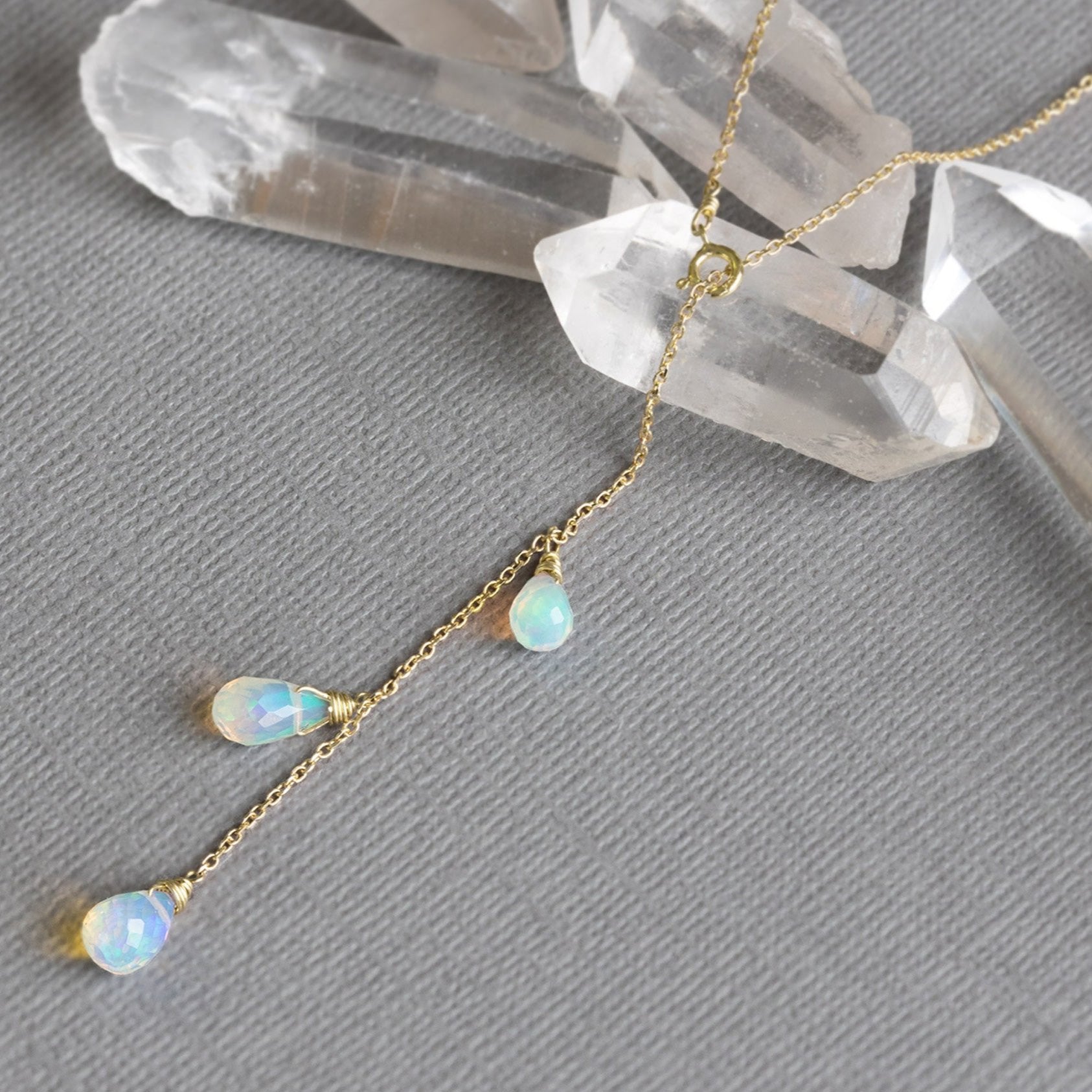 Alexis Russell Necklaces The Opal Cascade Lariat Necklace | Yellow or Rose Gold