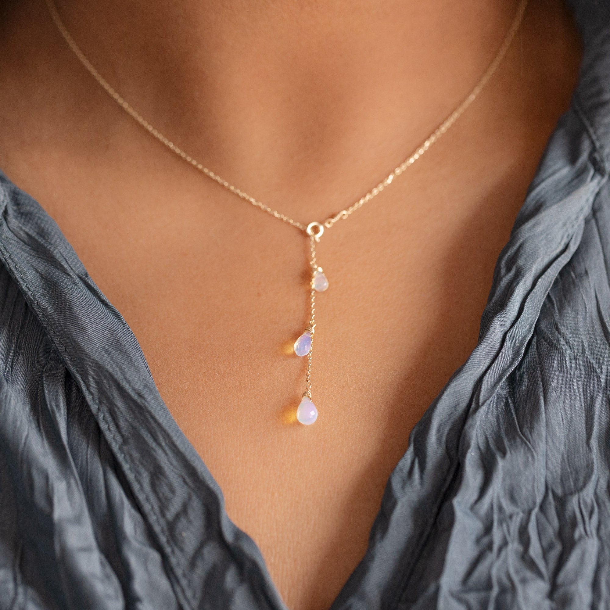 Alexis Russell Necklaces The Opal Cascade Lariat Necklace | Yellow or Rose Gold