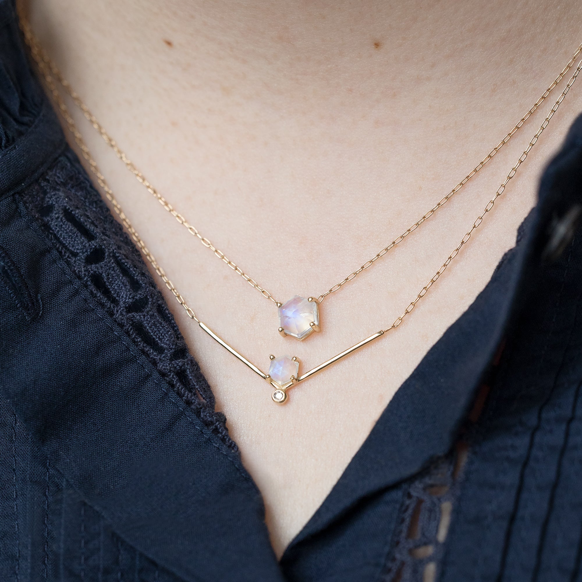 Alexis Russell Necklaces The Hexagon Moonstone Necklace | Yellow, Rose or Sterling Silver
