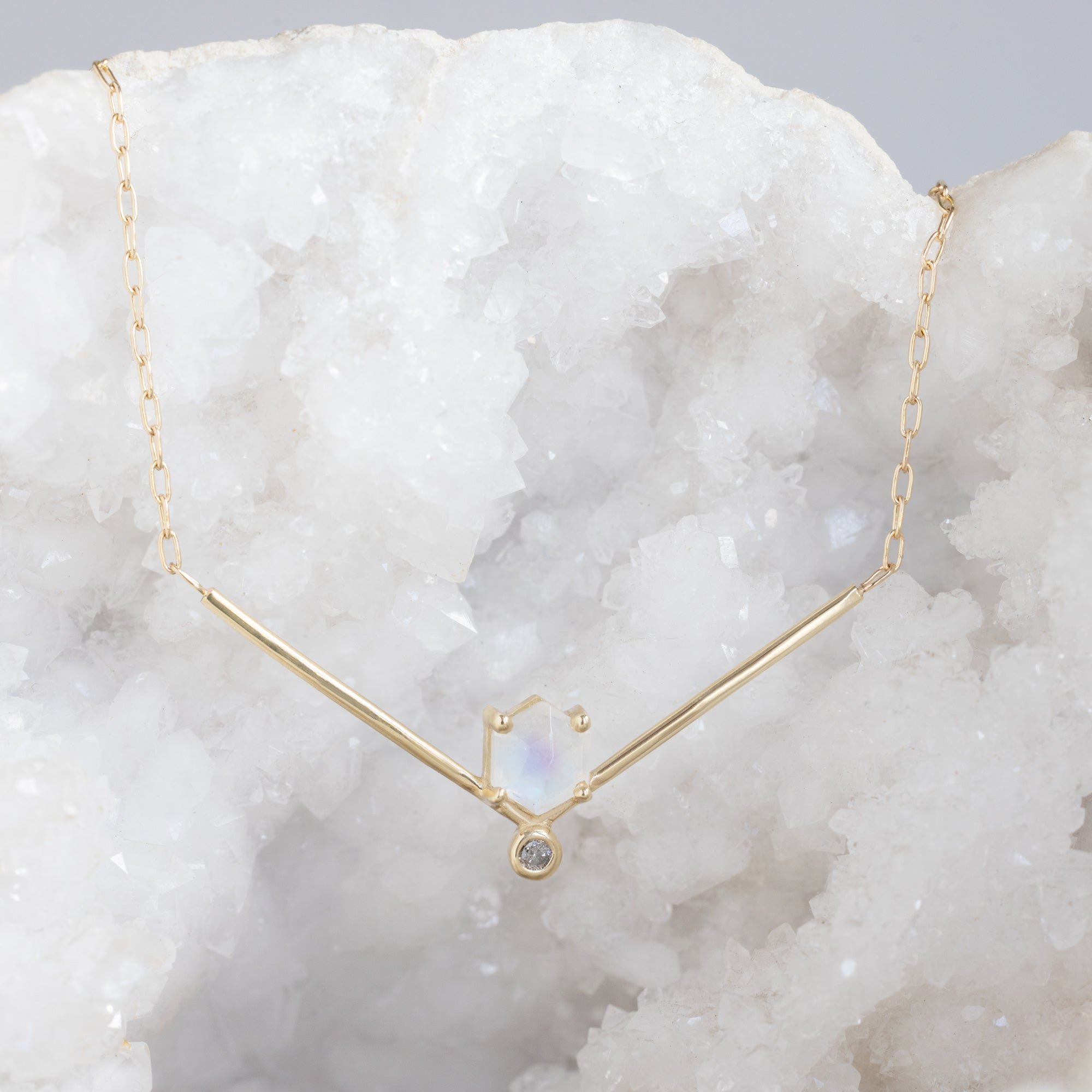 Alexis Russell Necklaces The Hexagon Moonstone + Diamond Necklace | Yellow, Rose or Sterling Silver