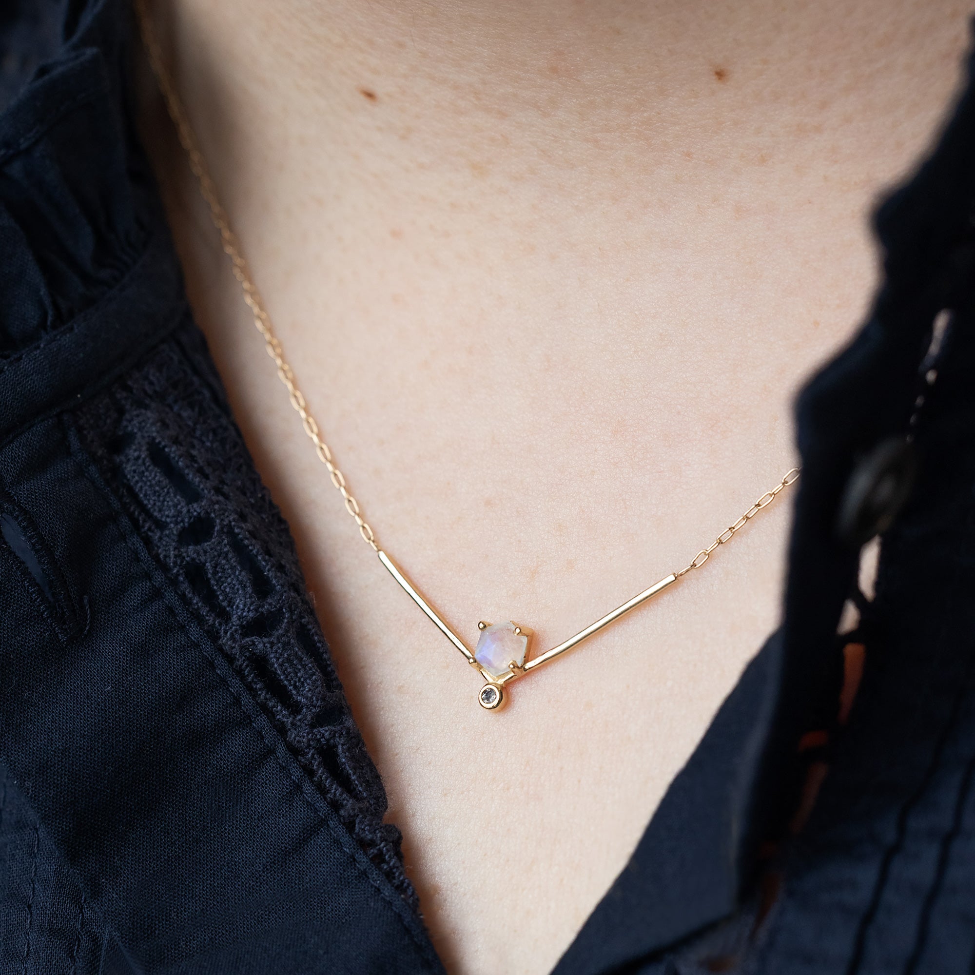 Alexis Russell Necklaces The Hexagon Moonstone + Diamond Necklace | Yellow, Rose or Sterling Silver
