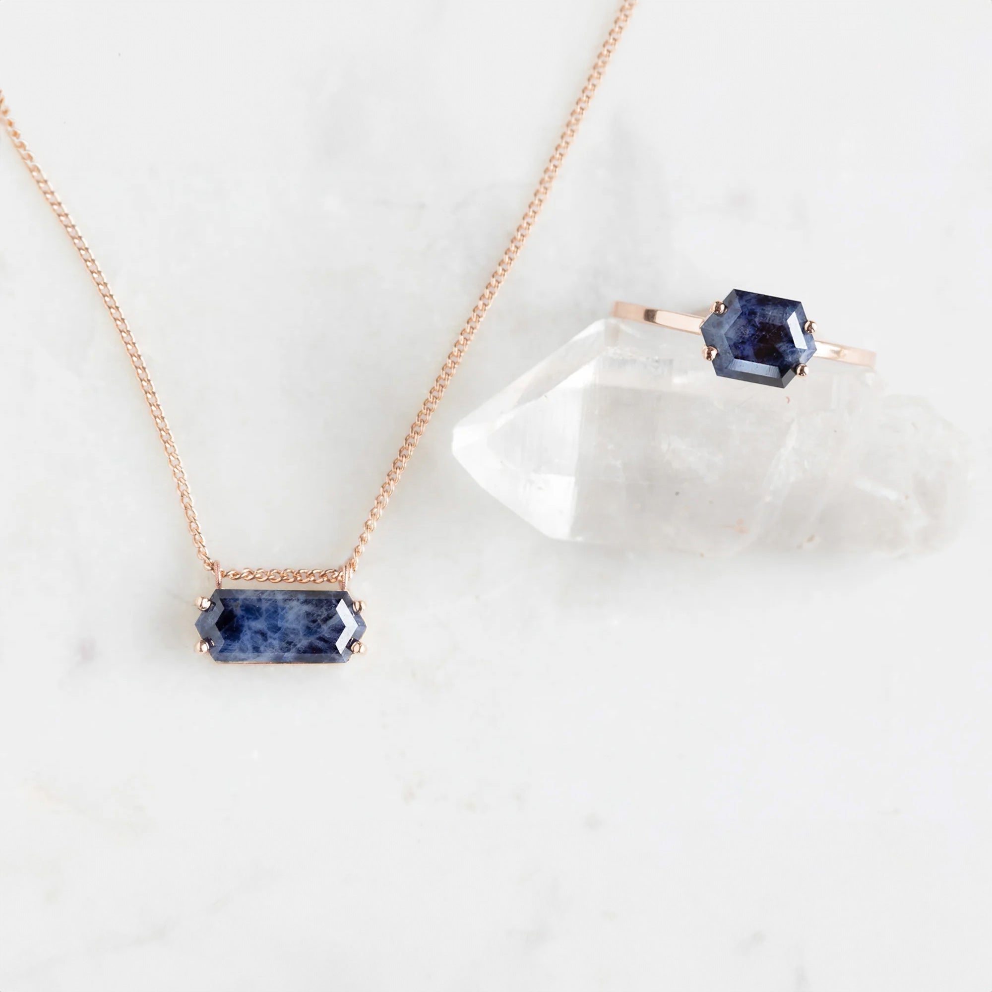 Alexis Russell Necklaces The Raw Sapphire Hexagon Necklace | Rose Gold