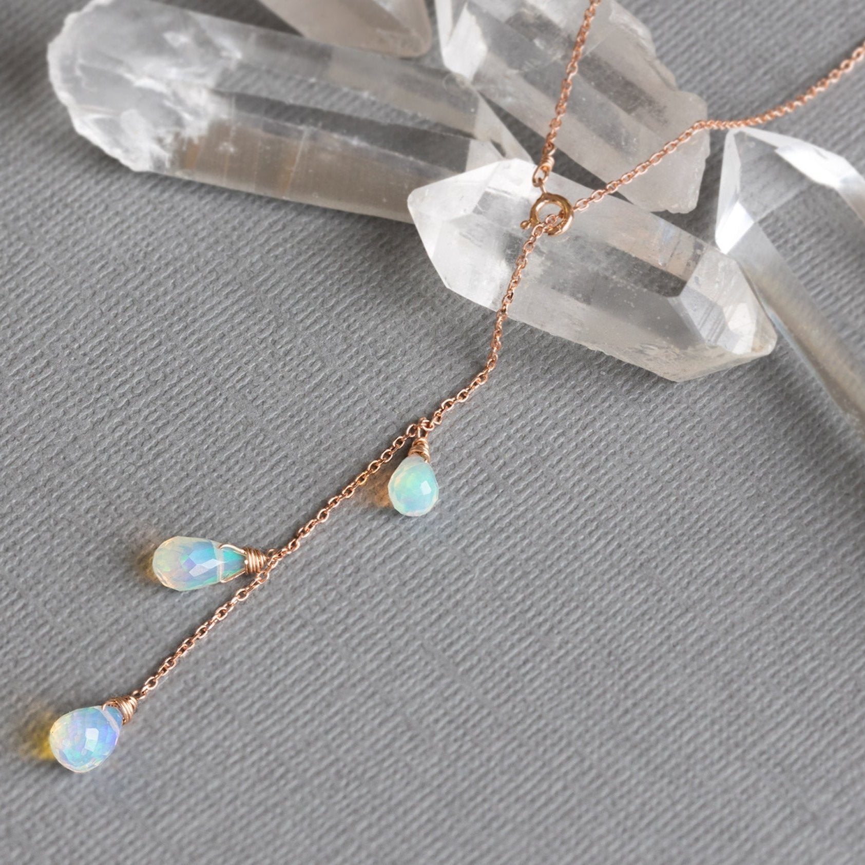 Alexis Russell Necklaces The Opal Cascade Lariat Necklace | Yellow or Rose Gold