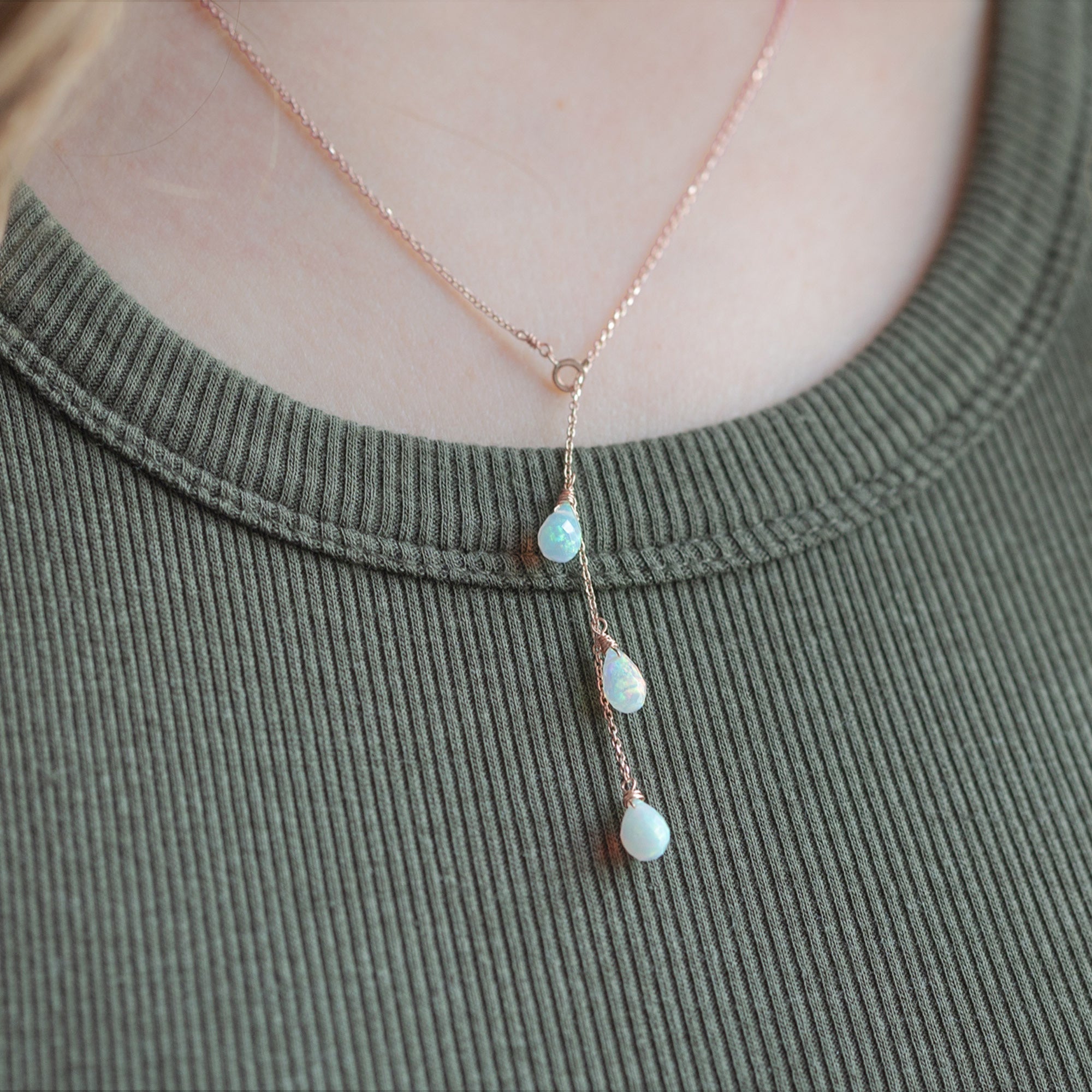 Alexis Russell Necklaces The Opal Cascade Lariat Necklace | Yellow or Rose Gold