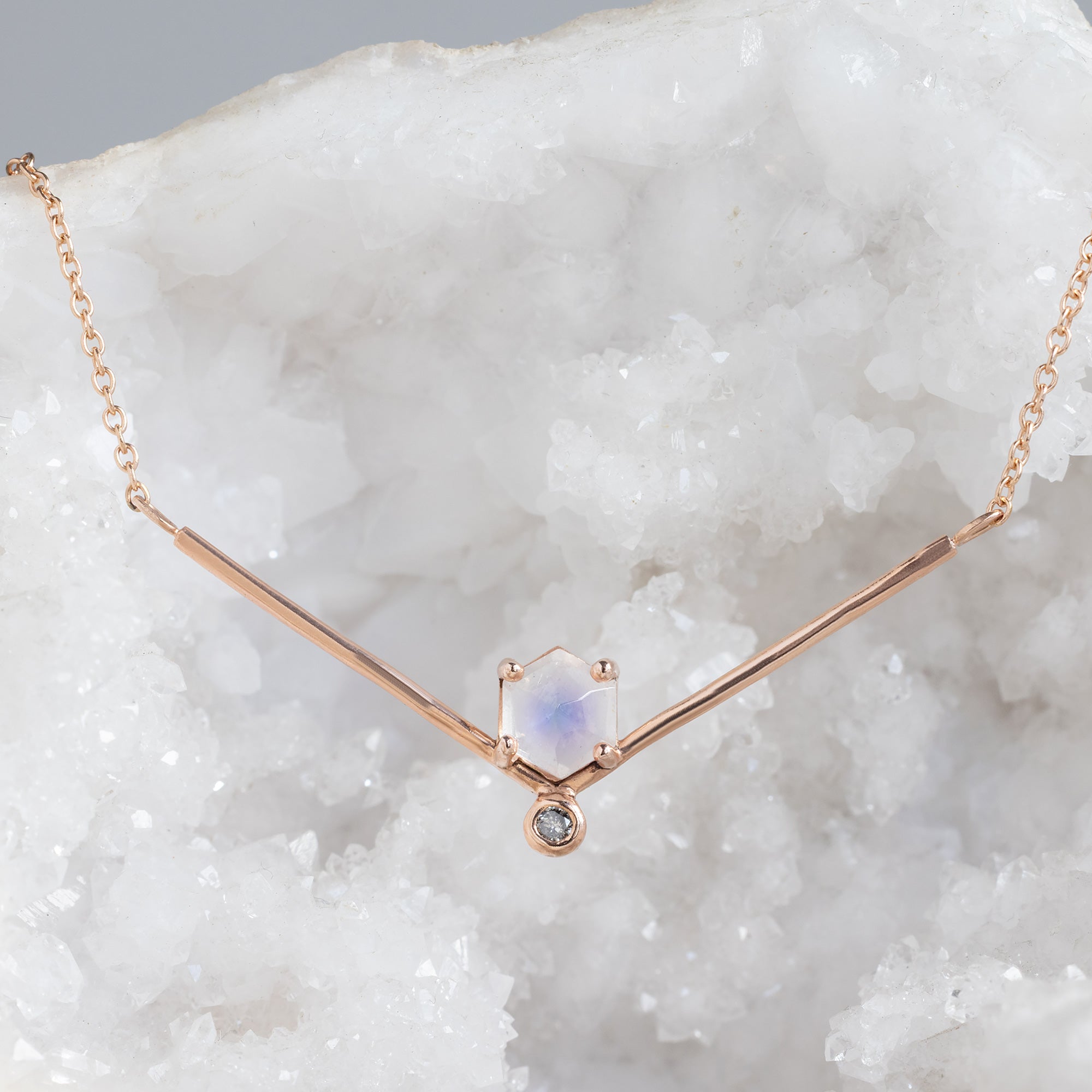 Alexis Russell Necklaces The Hexagon Moonstone + Diamond Necklace | Yellow, Rose or Sterling Silver