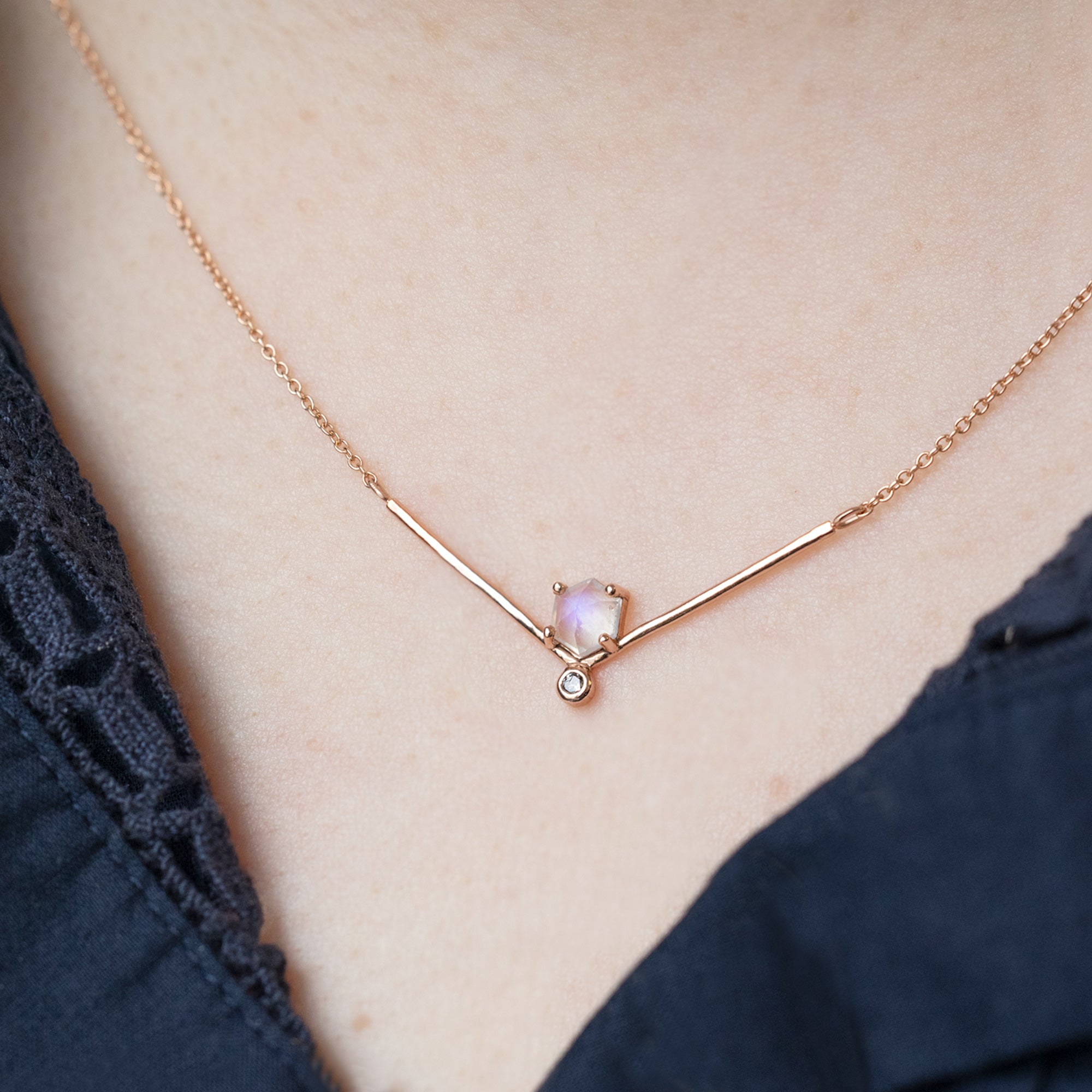 Alexis Russell Necklaces The Hexagon Moonstone + Diamond Necklace | Yellow, Rose or Sterling Silver