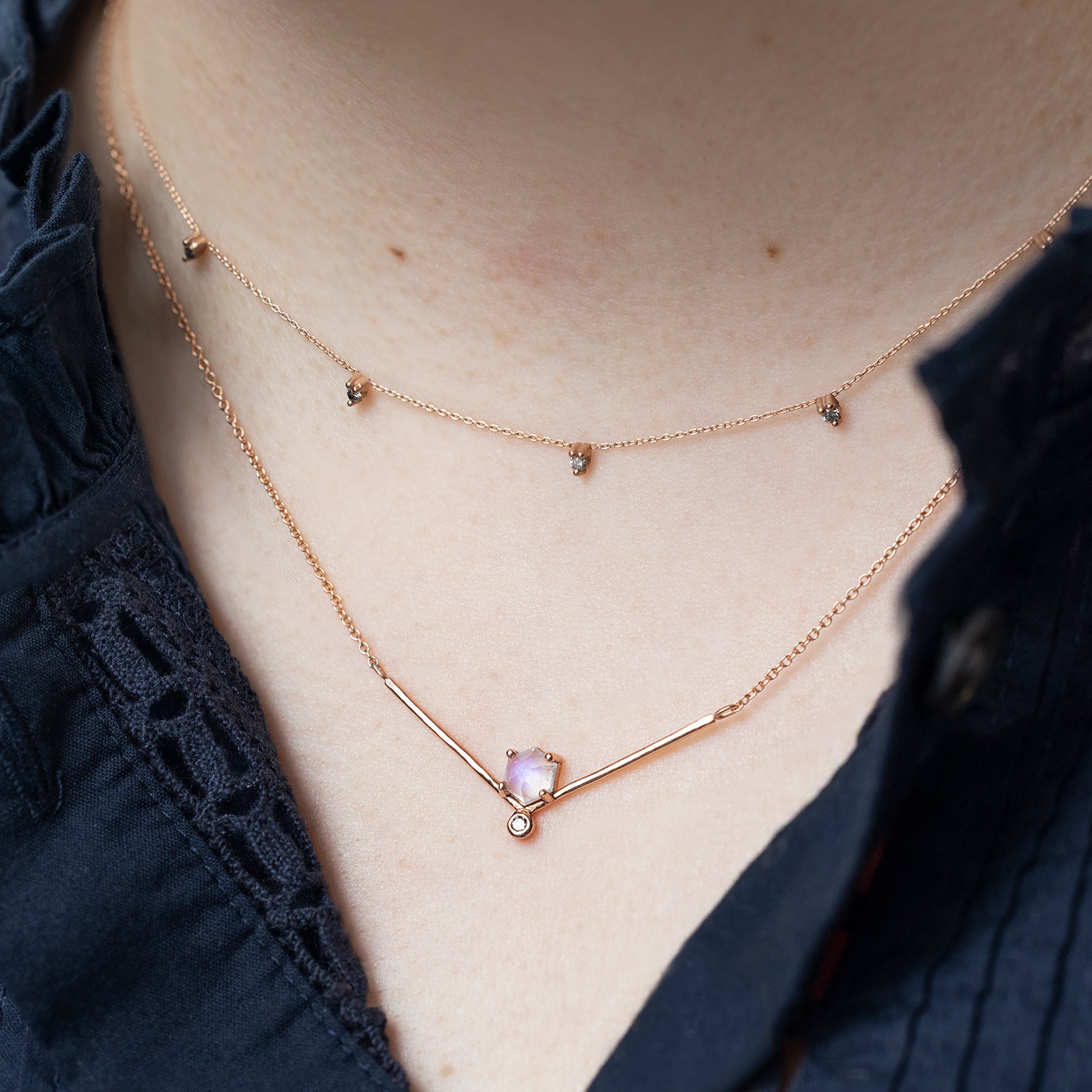 Alexis Russell Necklaces The Hexagon Moonstone + Diamond Necklace | Yellow, Rose or Sterling Silver
