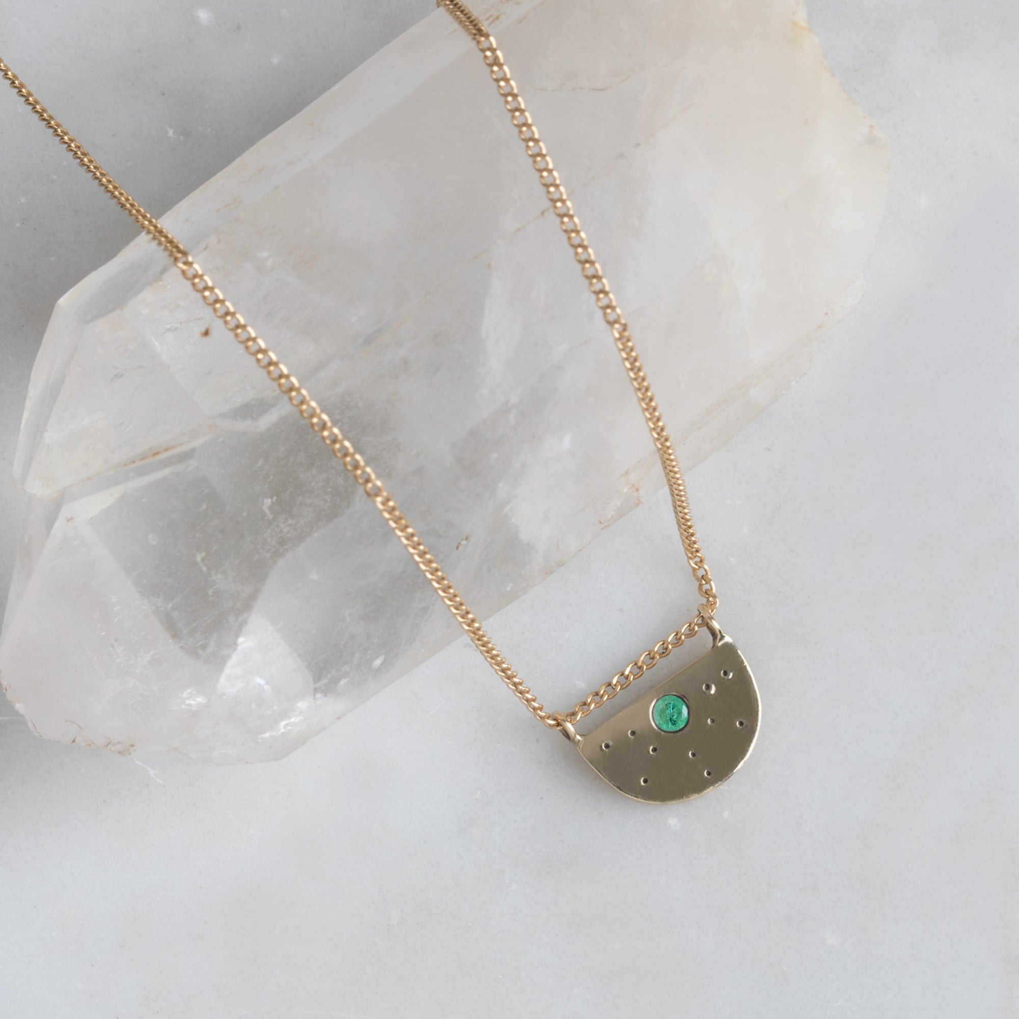Alexis Russell Necklaces The Emerald Half Moon Stardust Necklace | Yellow, Rose or Sterling Silver