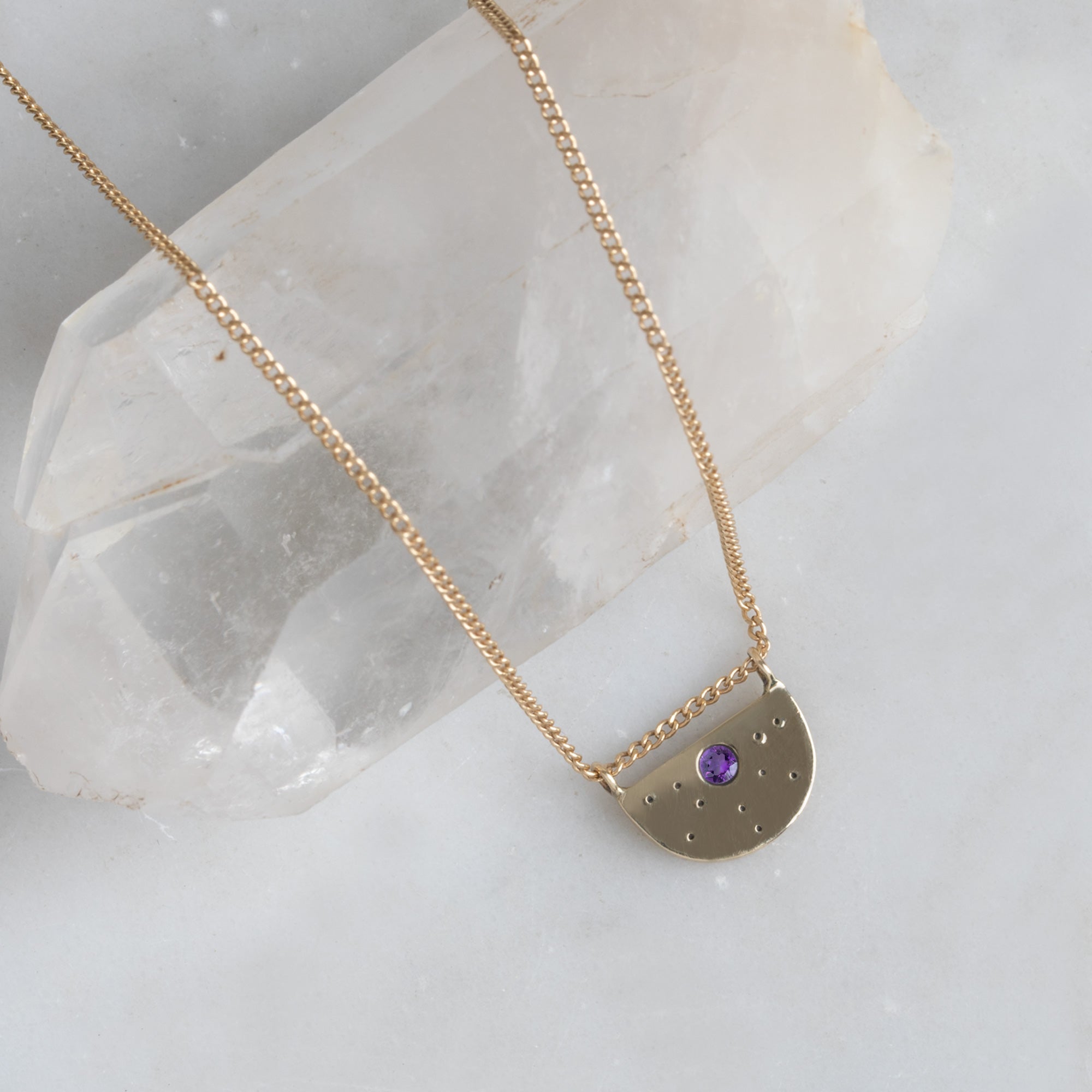 Alexis Russell Necklaces The Amethyst Half Moon Stardust Necklace | Yellow, Rose or Sterling Silver