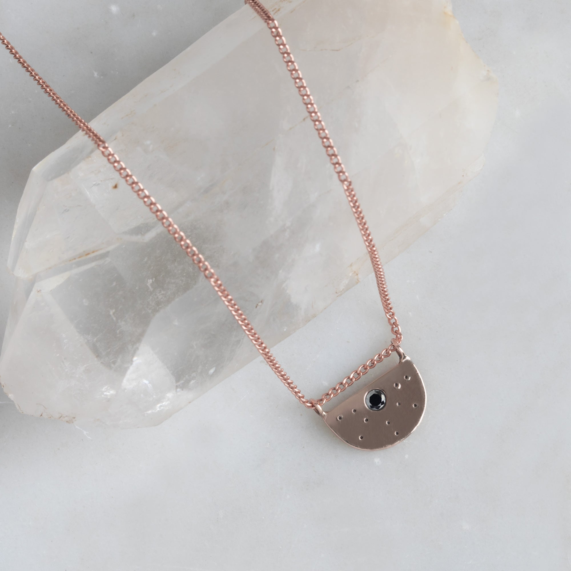 Alexis Russell Necklaces The Black Diamond Half Moon Stardust Necklace | Rose Gold