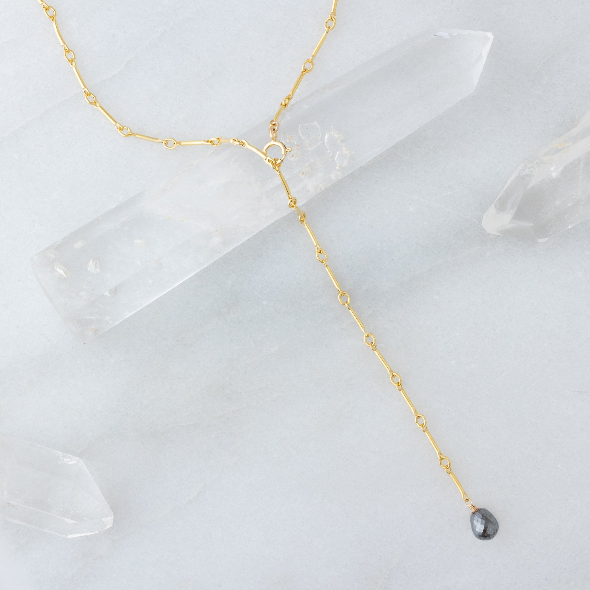 Alexis Russell Necklaces The Bar Chain Briolette Black Diamond Lariat Necklace | Yellow or Rose Gold