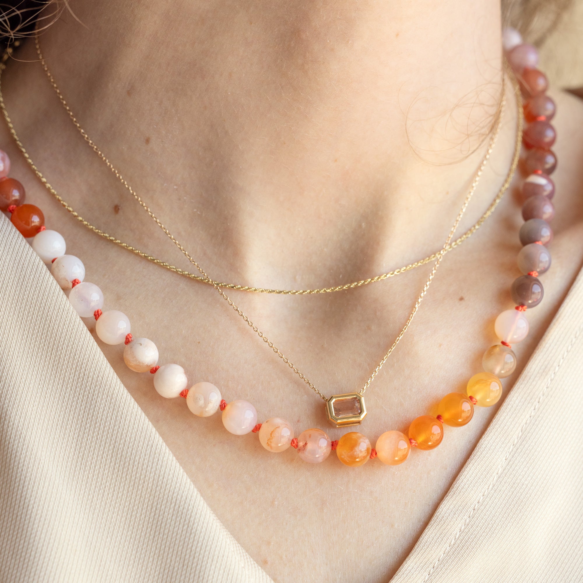 buy:the-boyfriend-rope-chain-necklace-14k-yellow-gold,the-emerald-cut-sunstone-necklace-10k-yellow-gold,the-sunset-with-you-beaded-gemstone-necklace