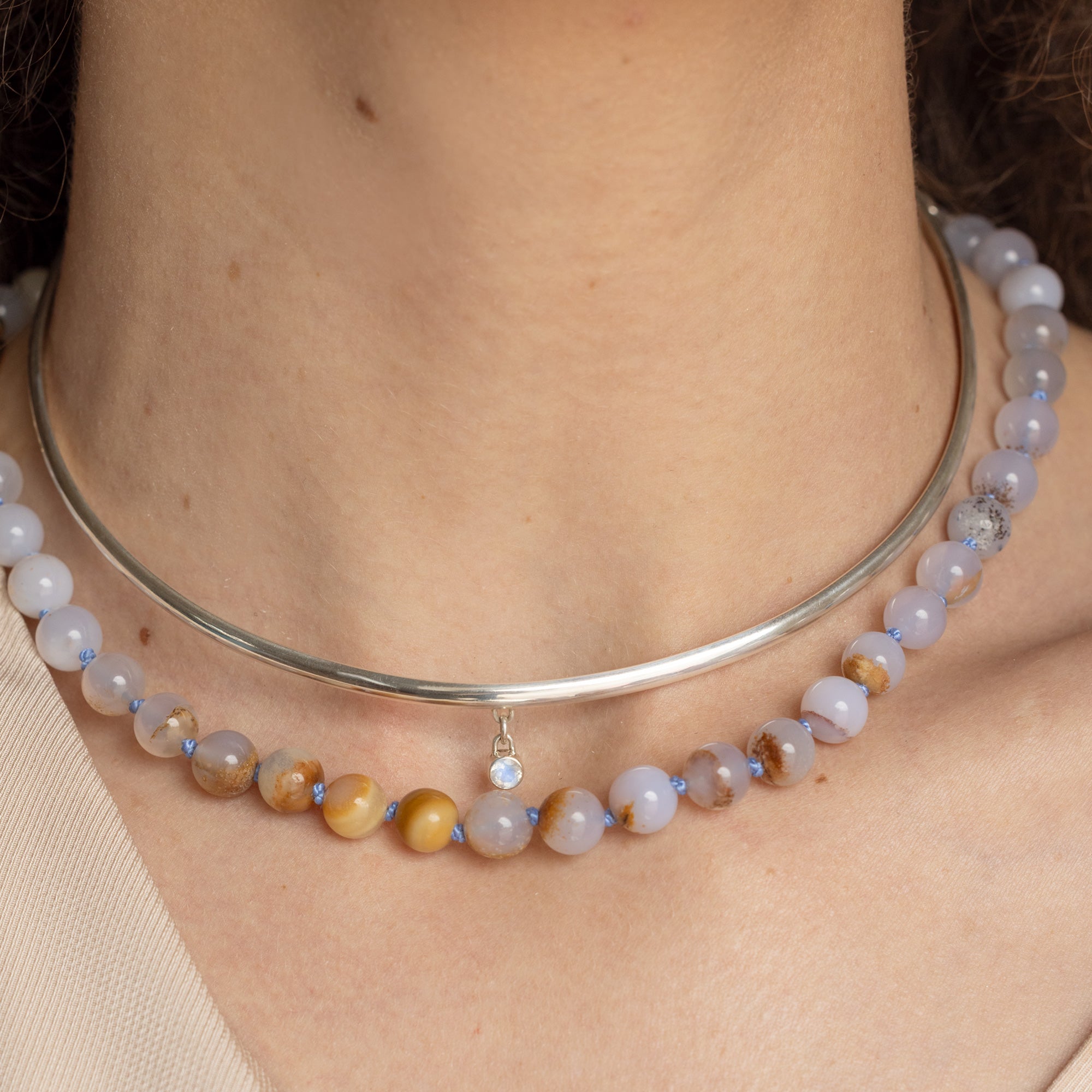 buy:the-birthstone-neck-cuff-sterling-silver,beach-day-beaded-chalcedony-necklace