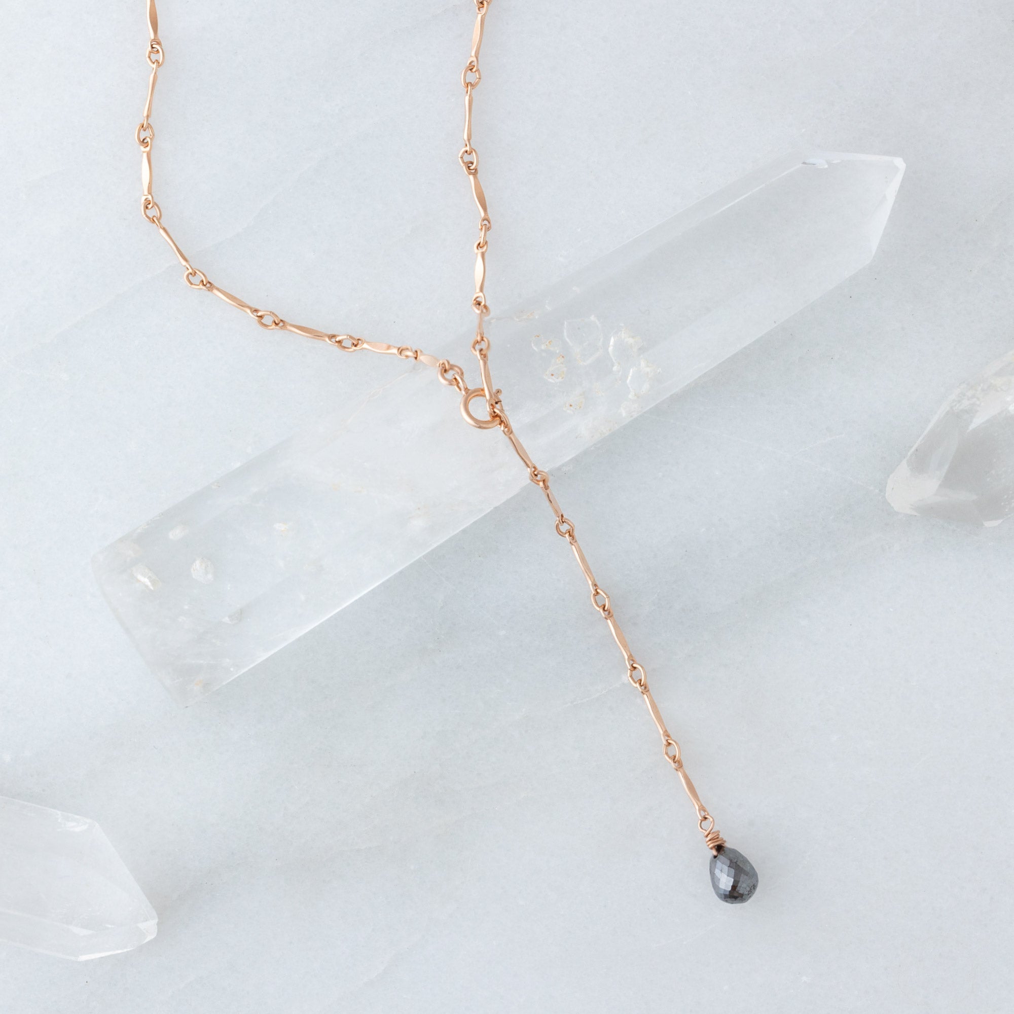 Alexis Russell Necklaces The Bar Chain Briolette Black Diamond Lariat Necklace | Yellow or Rose Gold