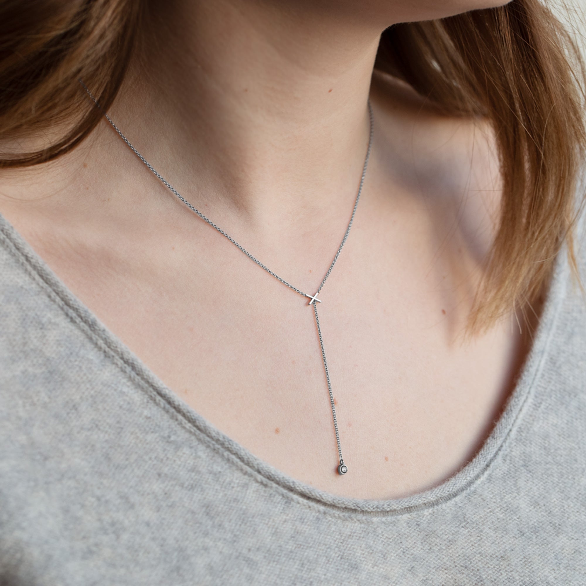 Alexis Russell Necklaces The XO' Salt and Pepper Diamond Lariat Necklace | Yellow, Rose or Sterling Silver