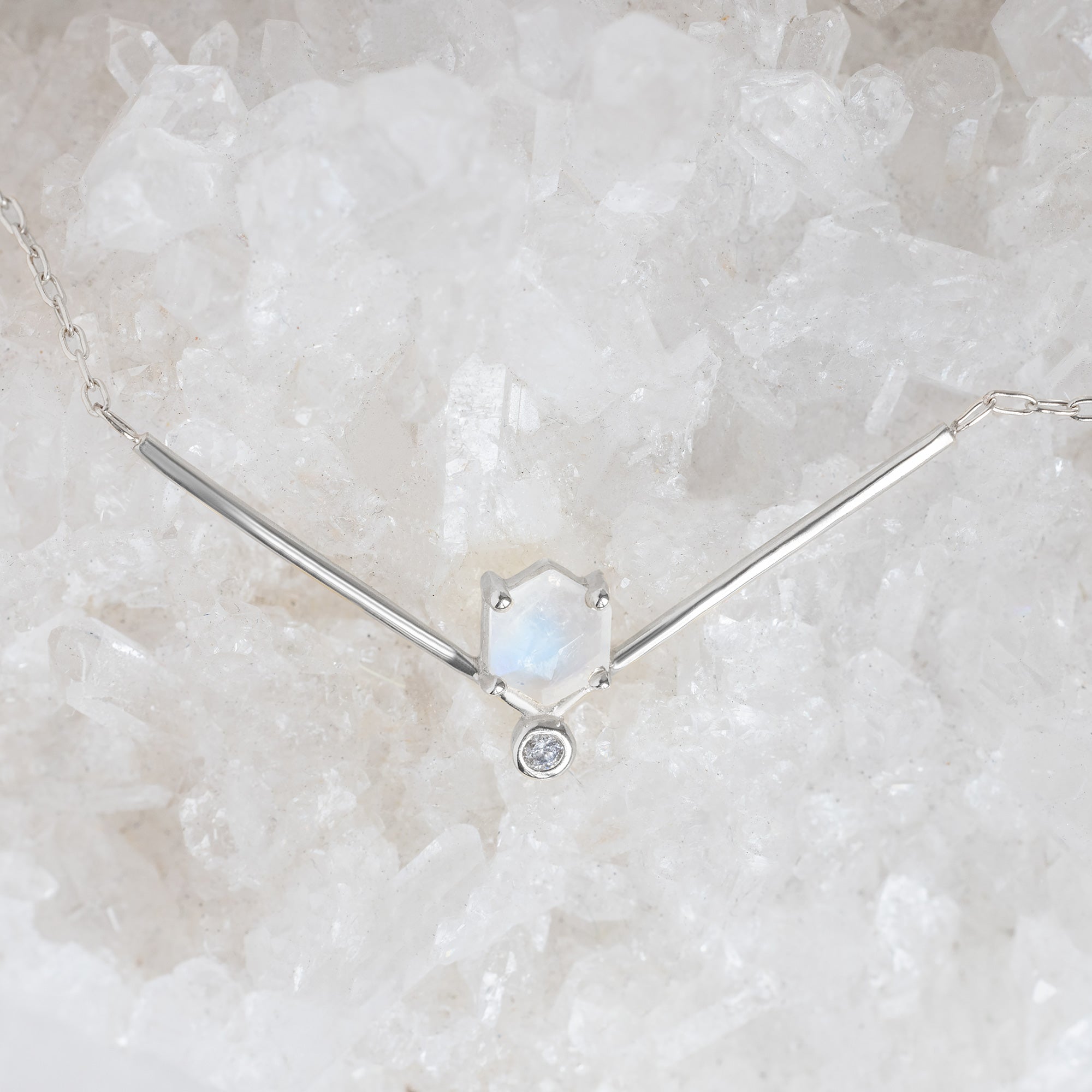 Alexis Russell Necklaces The Hexagon Moonstone + Diamond Necklace | Yellow, Rose or Sterling Silver