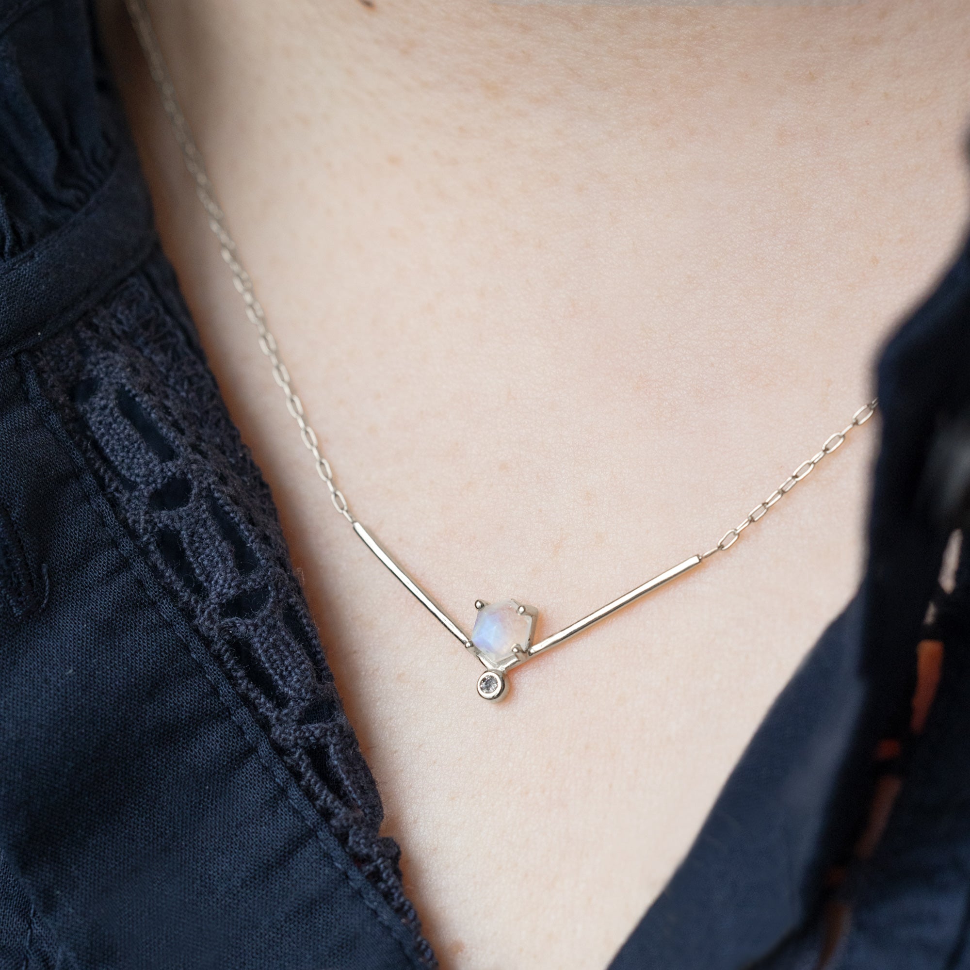 Alexis Russell Necklaces The Hexagon Moonstone + Diamond Necklace | Yellow, Rose or Sterling Silver