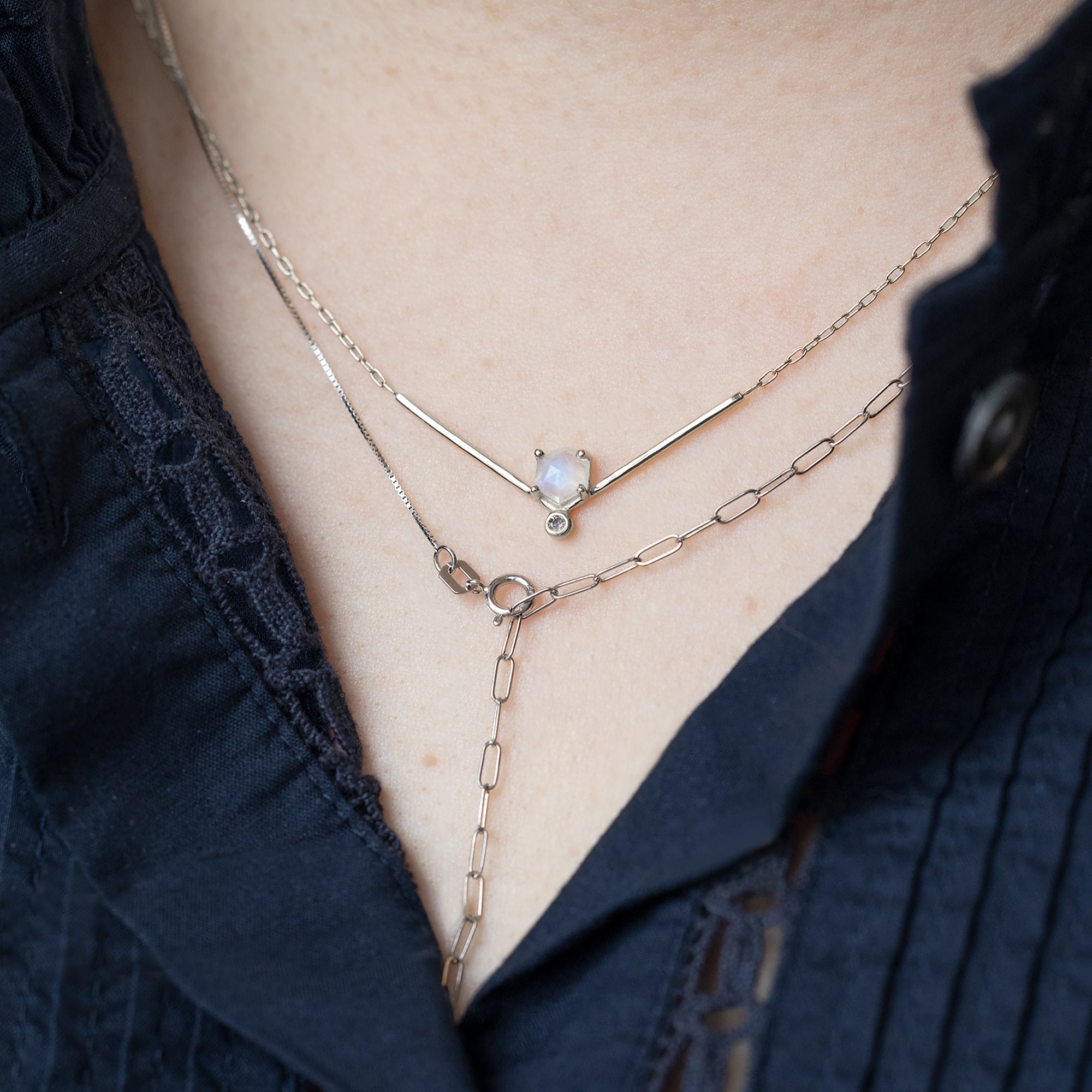 Alexis Russell Necklaces The Hexagon Moonstone + Diamond Necklace | Yellow, Rose or Sterling Silver