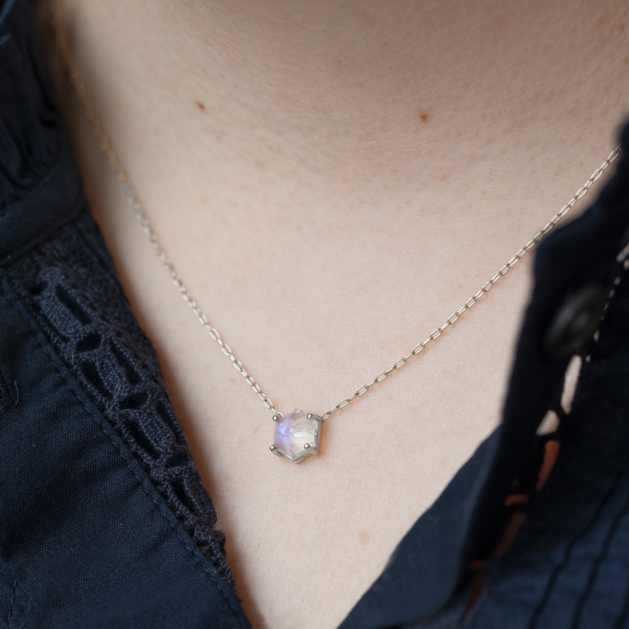 Alexis Russell Necklaces The Hexagon Moonstone Necklace | Yellow, Rose or Sterling Silver
