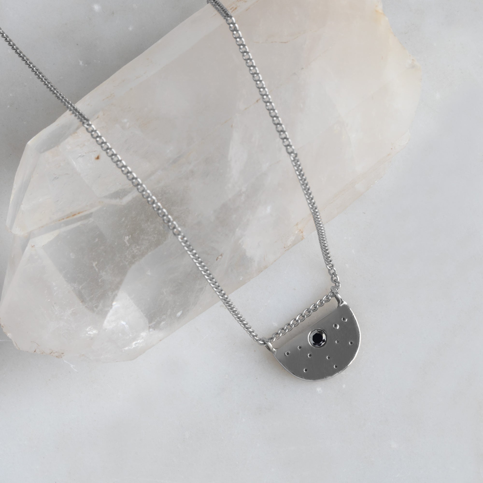 Alexis Russell Necklaces The Black Diamond Half Moon Stardust Necklace | Sterling Silver