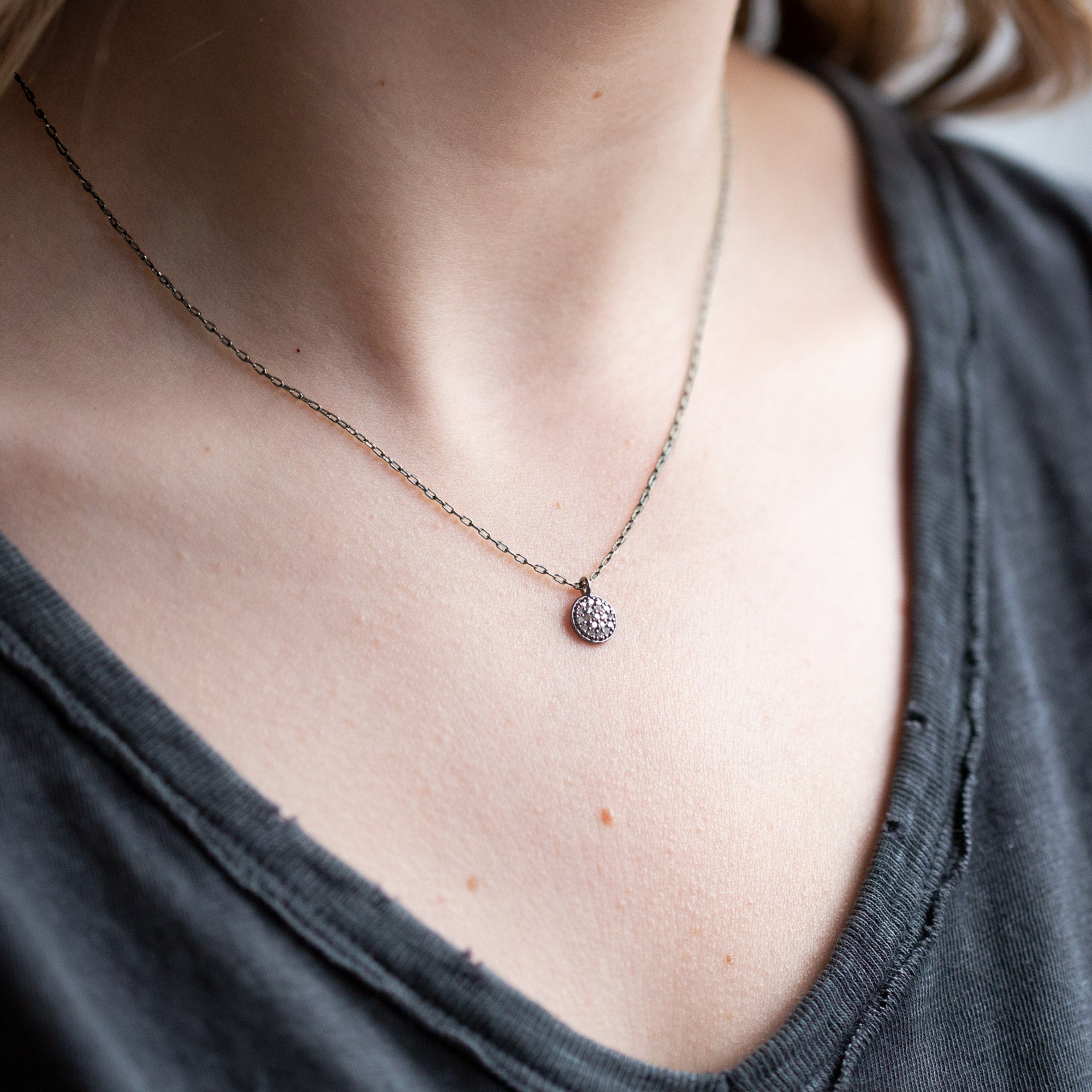 Alexis Russell Necklaces The White Diamond Pavé Disc Necklace | Yellow Gold or Sterling Silver