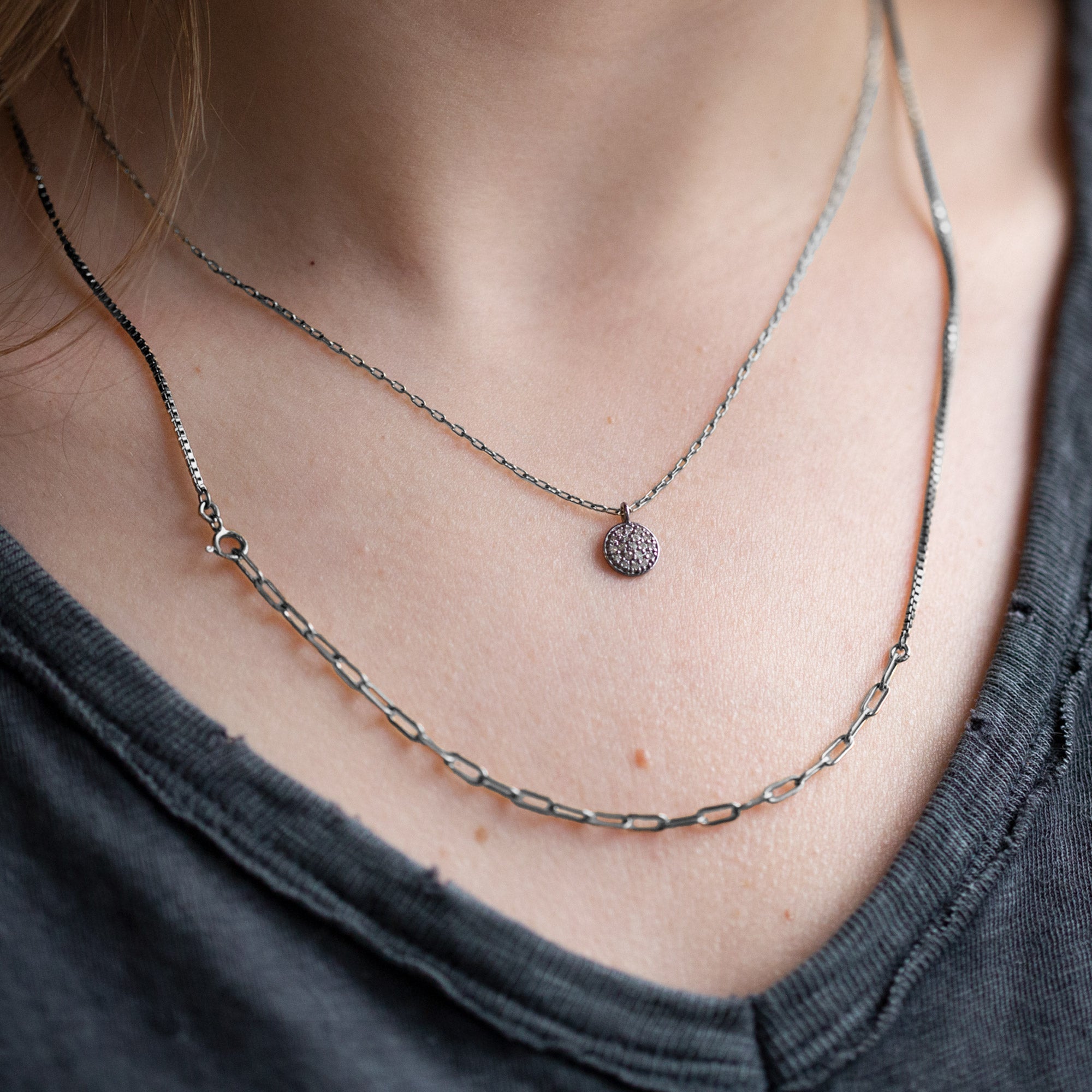 Alexis Russell Necklaces The White Diamond Pavé Disc Necklace | Yellow Gold or Sterling Silver