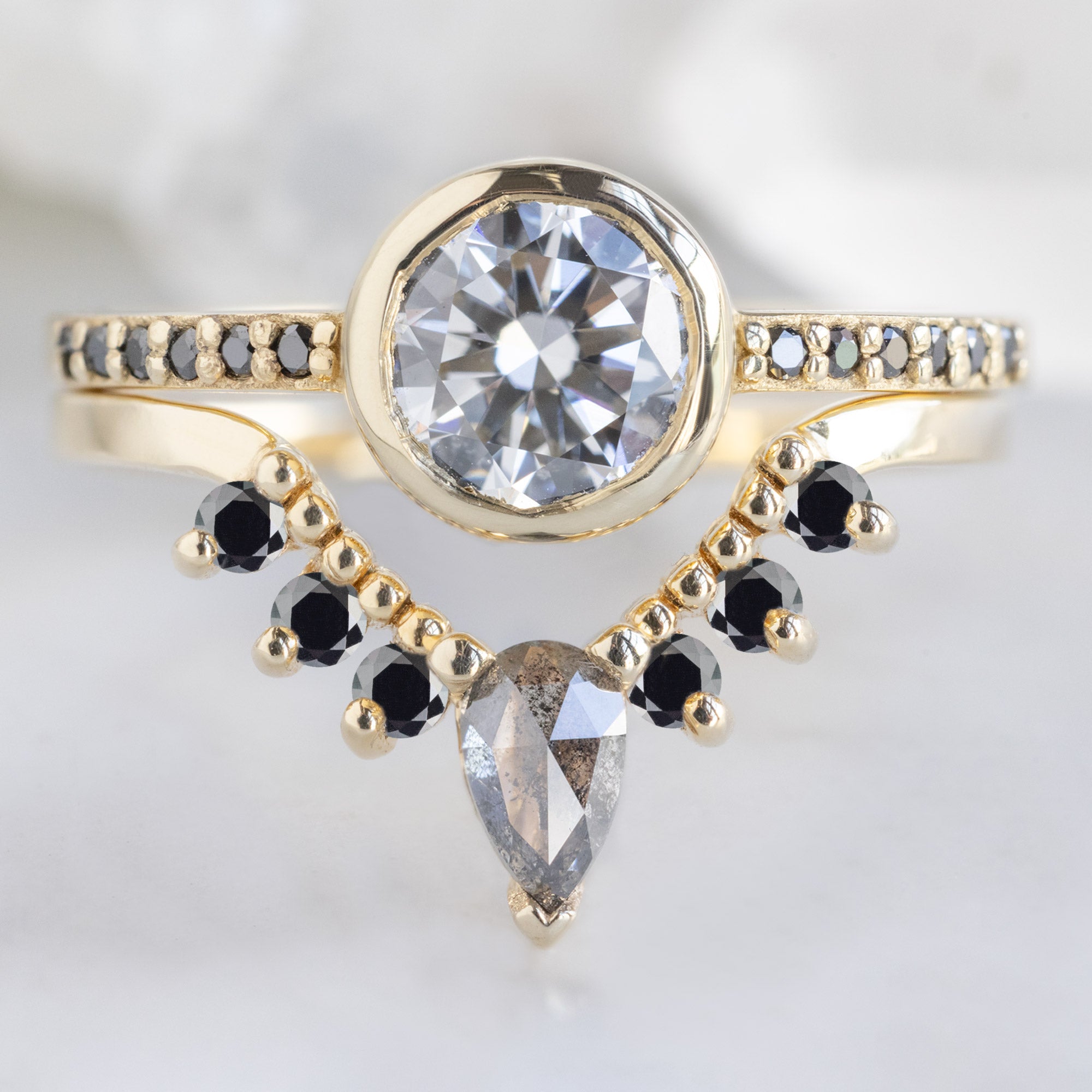 Alexis Russell Wedding Bands Salt and Pepper Diamond Sunburst Stacking Band | Choose Your Side Stones