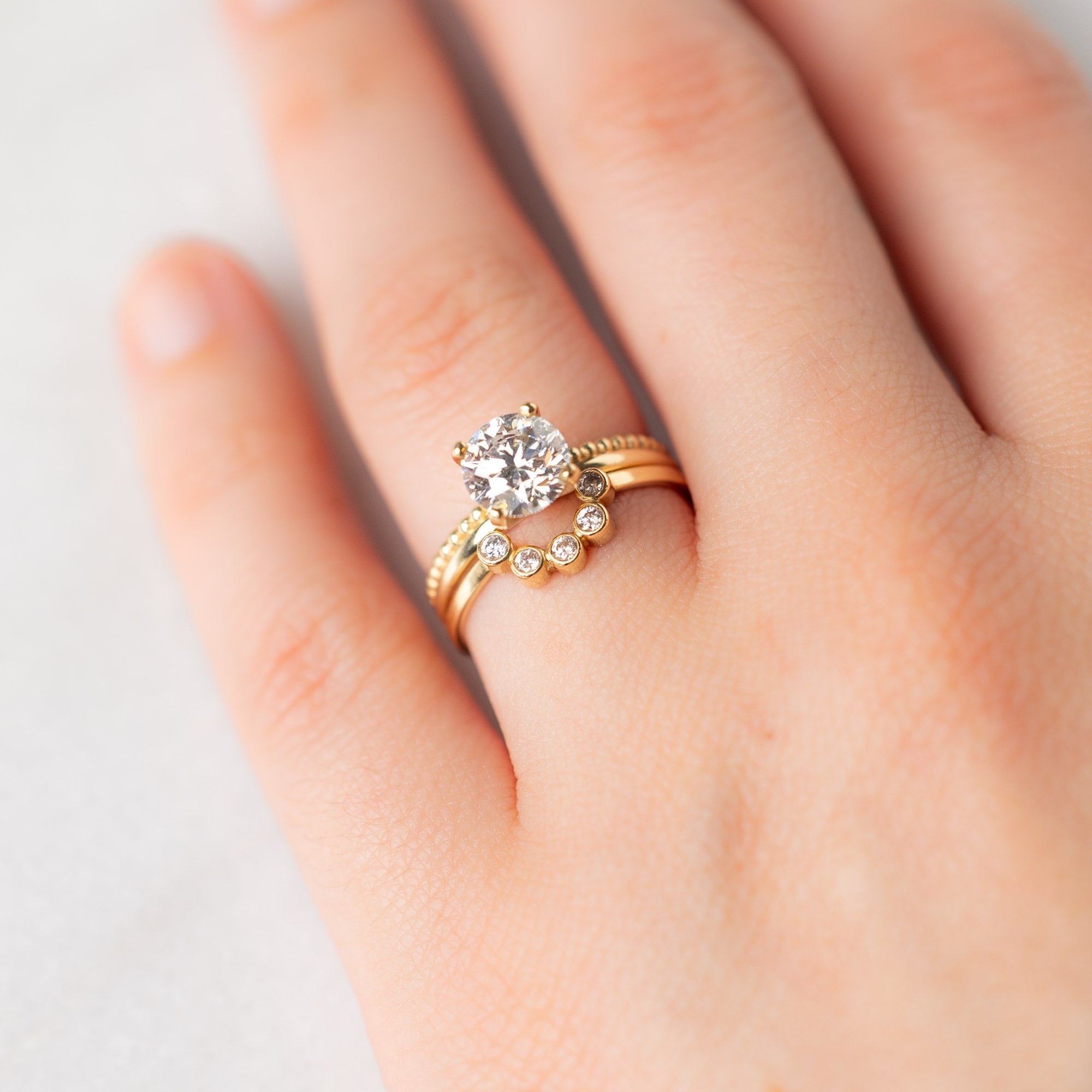 Alexis Russell Wedding Bands White Diamond Bezel Arc Stacking Band | Yellow, Rose or White Gold