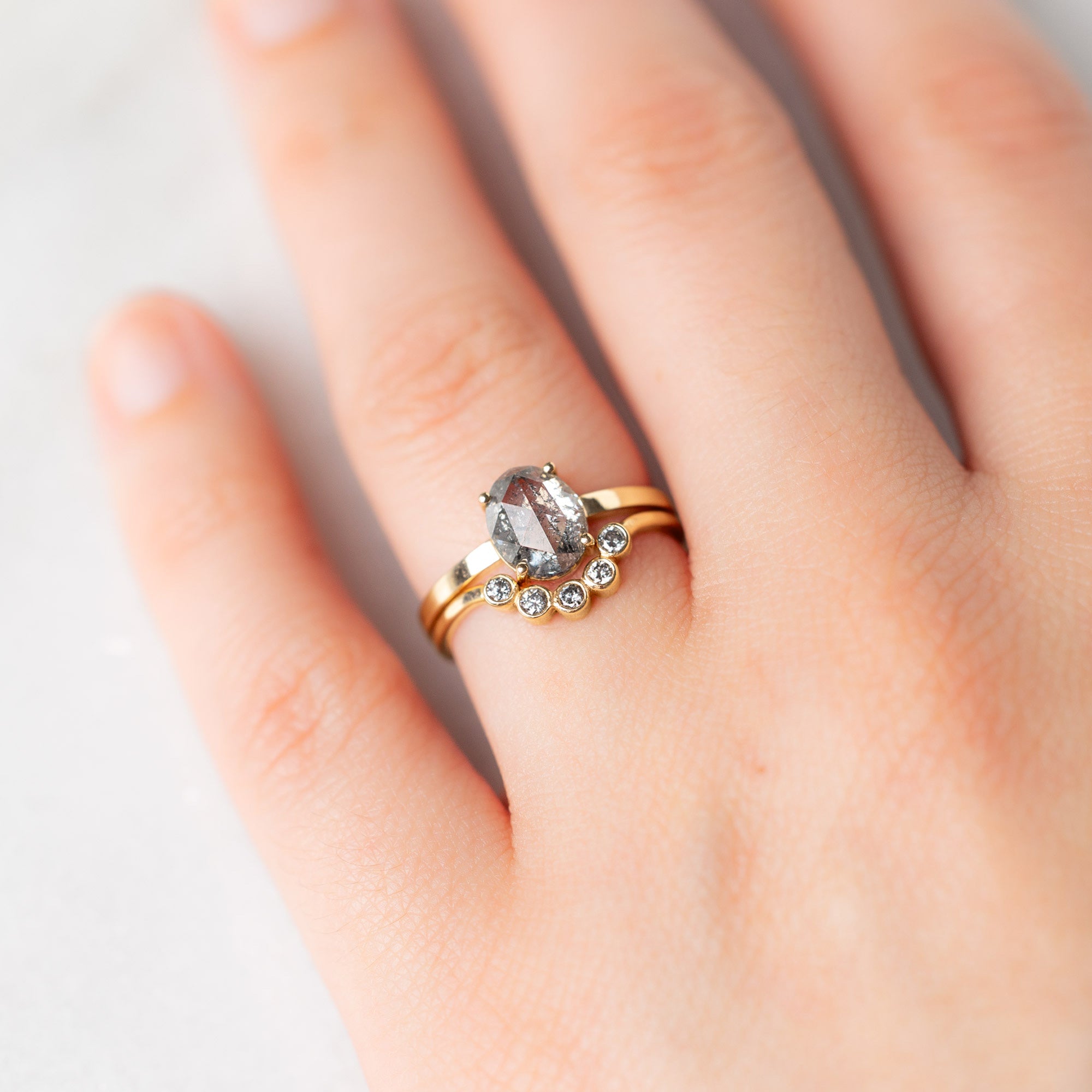 Alexis Russell Wedding Bands Salt and Pepper Diamond Bezel Arc Stacking Band | Yellow, Rose or White Gold