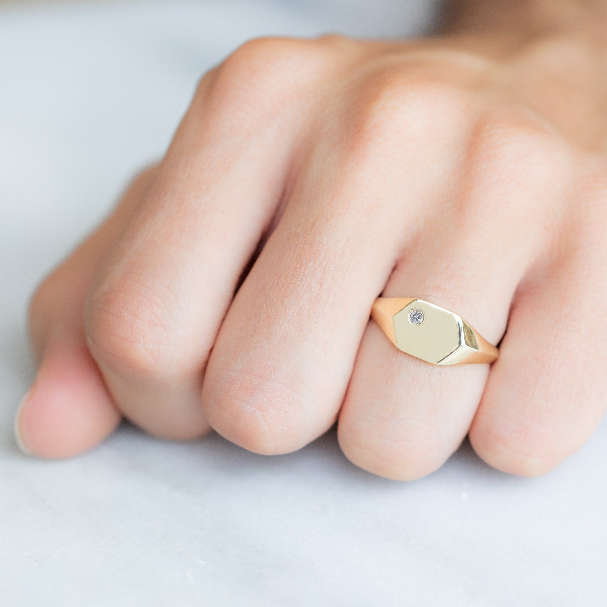 Alexis Russell Wedding Bands The Hexagon White Diamond Signet Ring | Yellow, Rose or White Gold