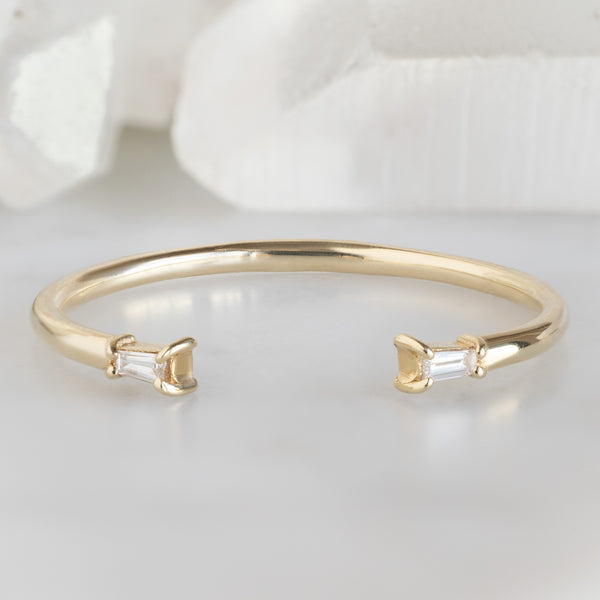 Alexis Russell Wedding Bands Open Cuff Baguette White Diamond Stacking Band | Yellow, Rose or White Gold
